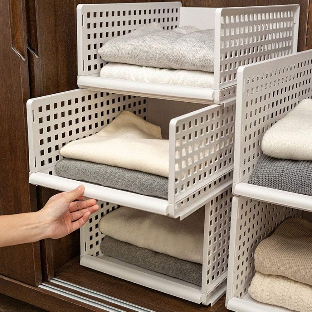 4 Tiers Wardrobe Storage Box Organiser, Plastic Stackable Detachable Closet Storage Organiser Box Shelves, Suitable for Home, Bedroom, Kitchen, Living Room, Offie, Pull Out Like A Drawer