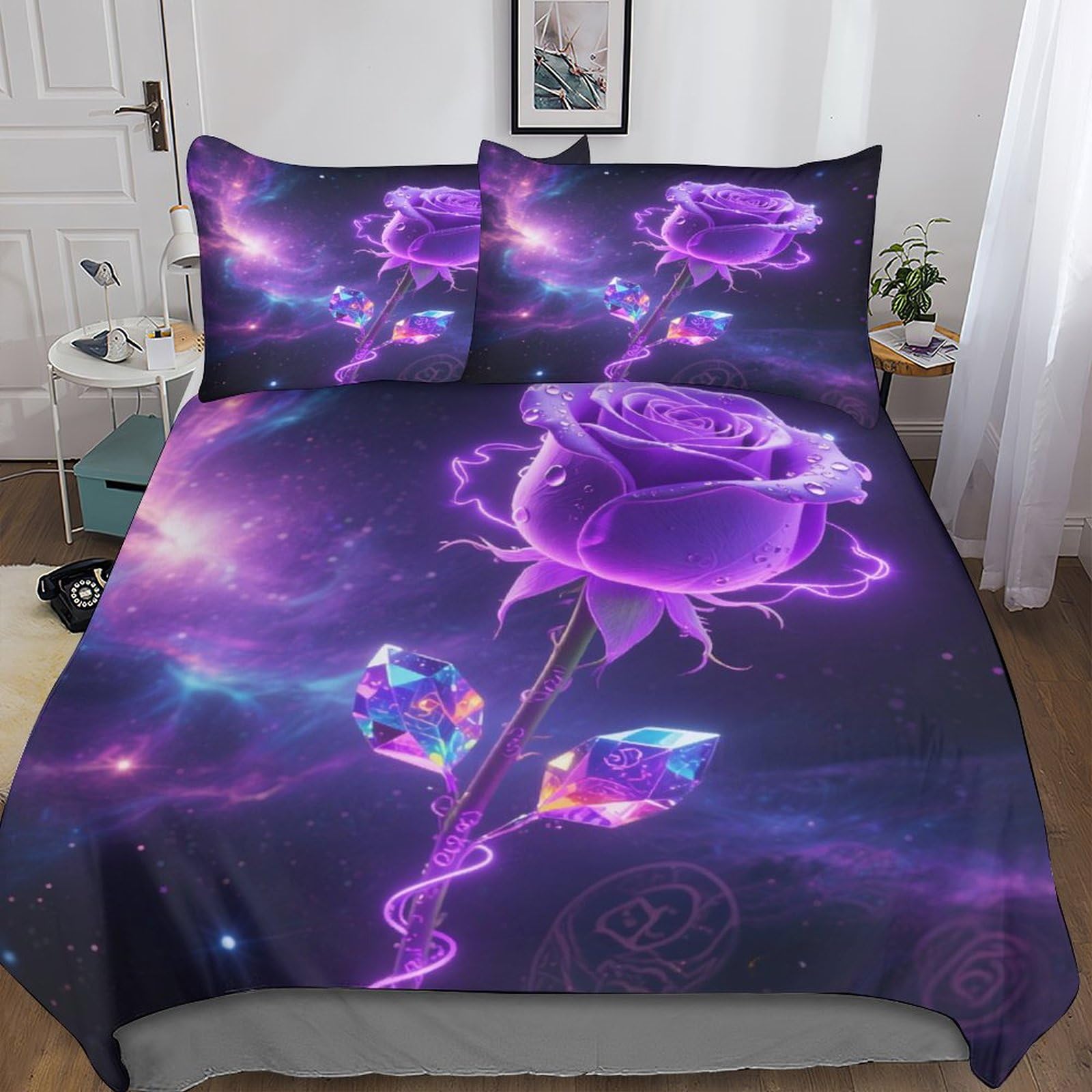 Purple Rose Bedding Modern Duvet Cover Set 3D Blooming Floral Quilt Covers Bed 3 Pieces Girl And Boys Beddings Double（200x200cm）