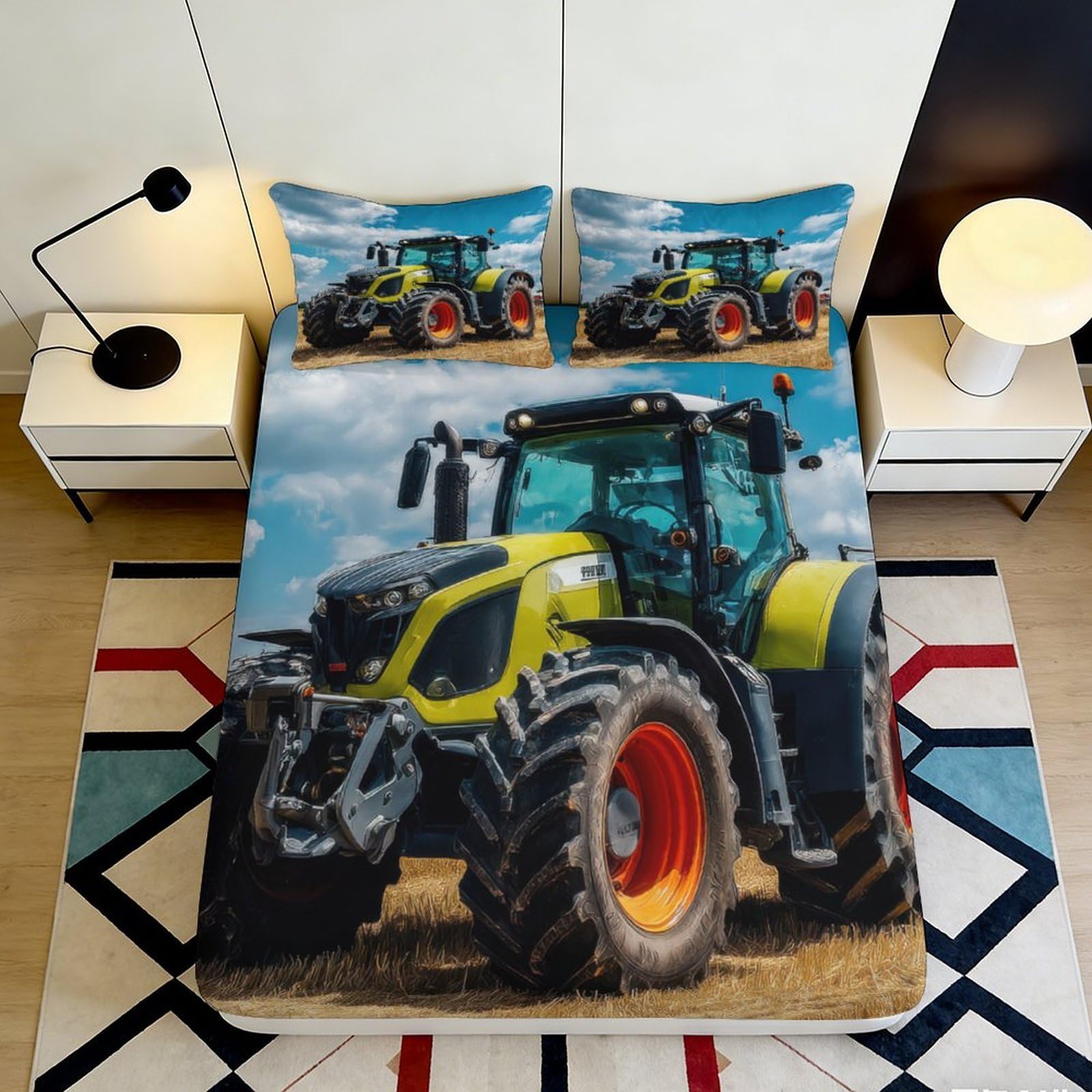 3D Printed Tractor Farm Scene Fitted Sheet Microfiber Soft Bed Cover for Bedroom Dorm Mattress Protection Decor 90x200x25cm