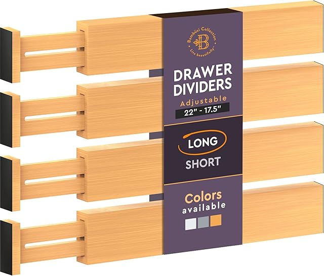 Bambüsi Adjustable Bamboo Drawer Dividers - Expandable Drawer Organizers for Kitchen - Spring Loaded Drawer Separators for Home, Clothes, Office, and Dressers (17.5" to 22) Natural