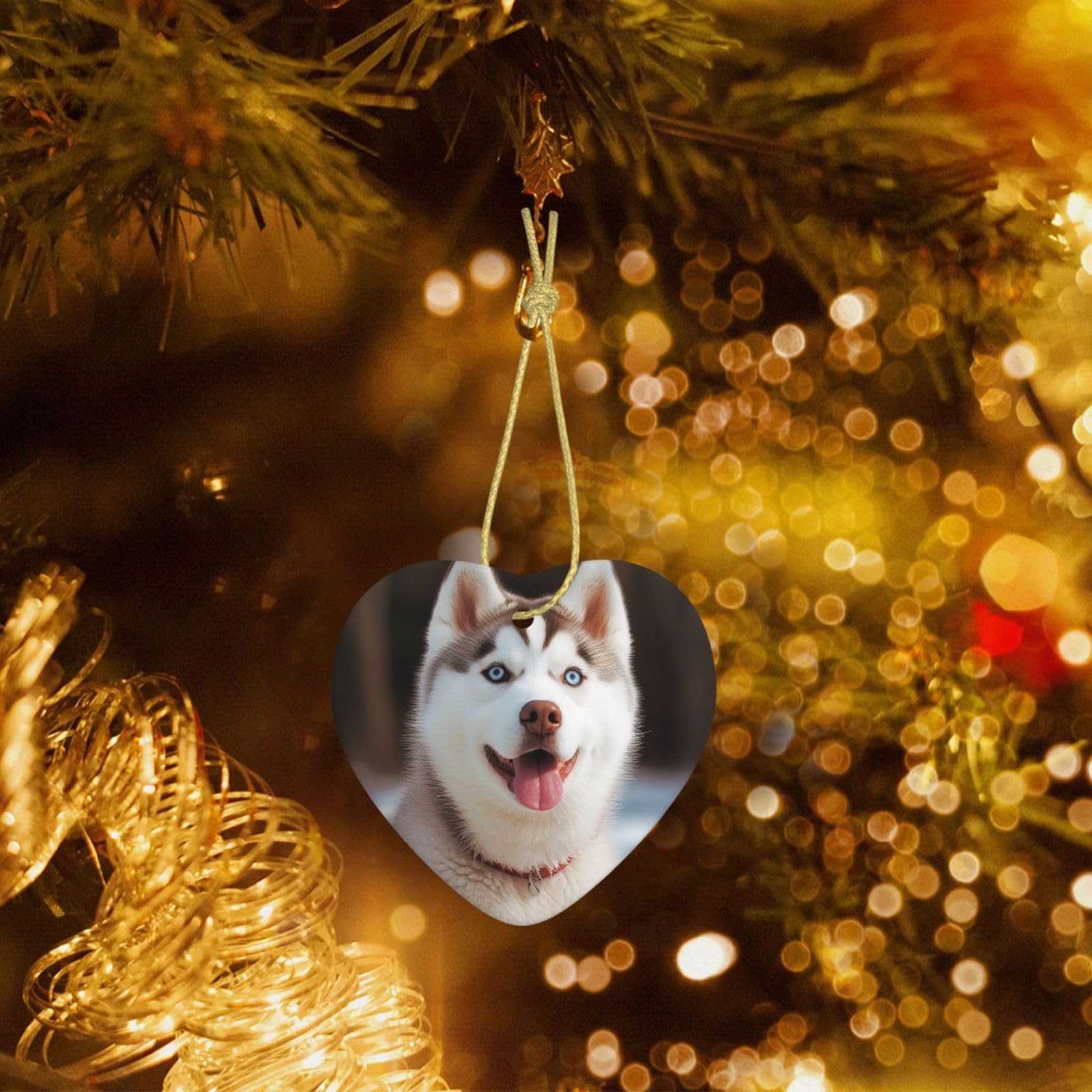Christmas Heart Shaped Ornaments 1 Pcs, Double-Side Ceramic Xmas Tree Hanging Ornament with Gold String Husky Piquant Dog Personalized Porcelain 2025 Christmas Pendent for New Year Holiday Decoration