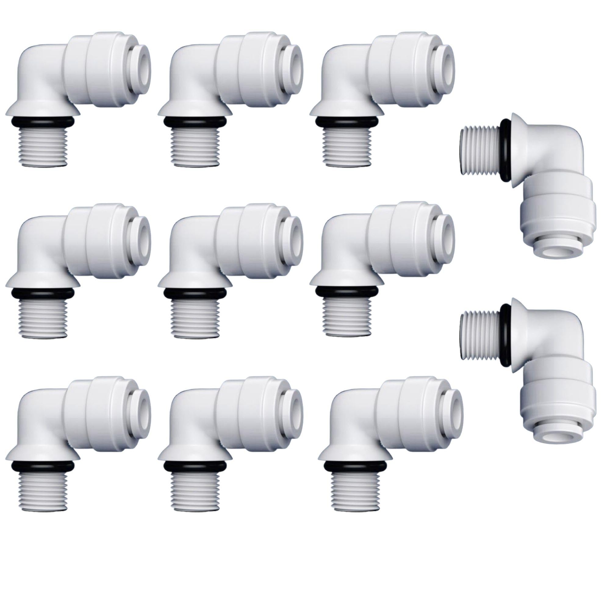 LiquaGen 10-Pack Fixed Elbow Male NPT x Push Connect Reverse Osmosis (RO) Water Purification Quick Connect Fittings - Available in 1/8, 1/4, 3/8, and