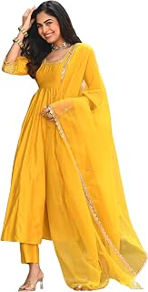 GoSriKi Women's Rayon Blend Anarkali Solid Kurta with Pant & Dupatta Price In India