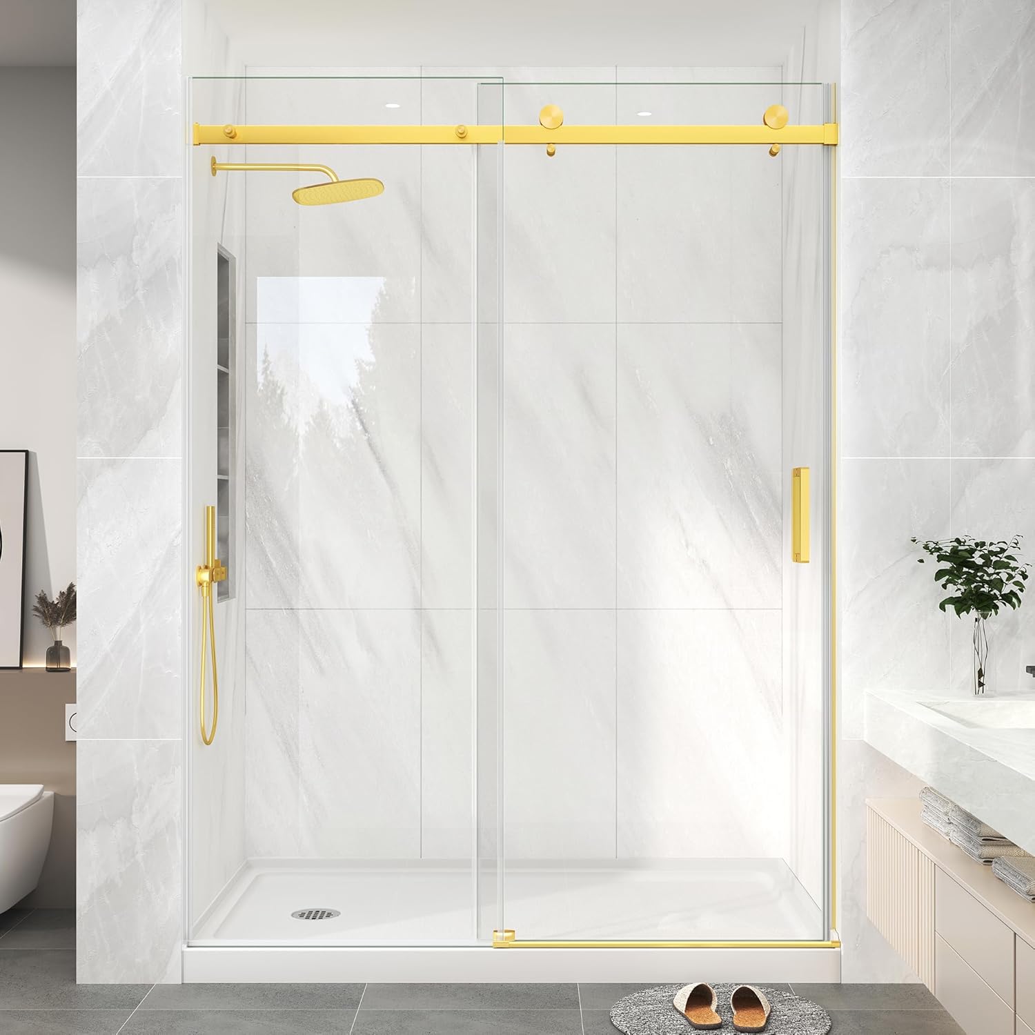 KPUY Frameless Shower Door, 55-60" W x 76" H Sliding Glass Shower Door, 1/4" (6mm) Thick Tempered Clear Glass with Explosion-Proof Film Nano Coating, Brushed Gold Brushed Gold 55-60" W x 76" H