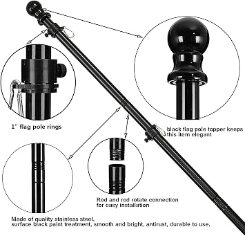 COCONUT Flag Pole - 6FT Black Flag Pole Kit for American Flag - Truck House Porch Flag Pole with Bracket