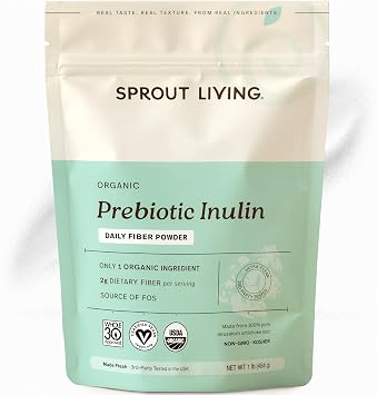 Sprout Living Organic Inulin with FOS Prebiotic Powder, Soluble Fiber for Leaky Gut, Bloating, Digestion, Feed Friendly Bacteria Probiotics, 1 Scoop Daily, 1 lb 90 Servings