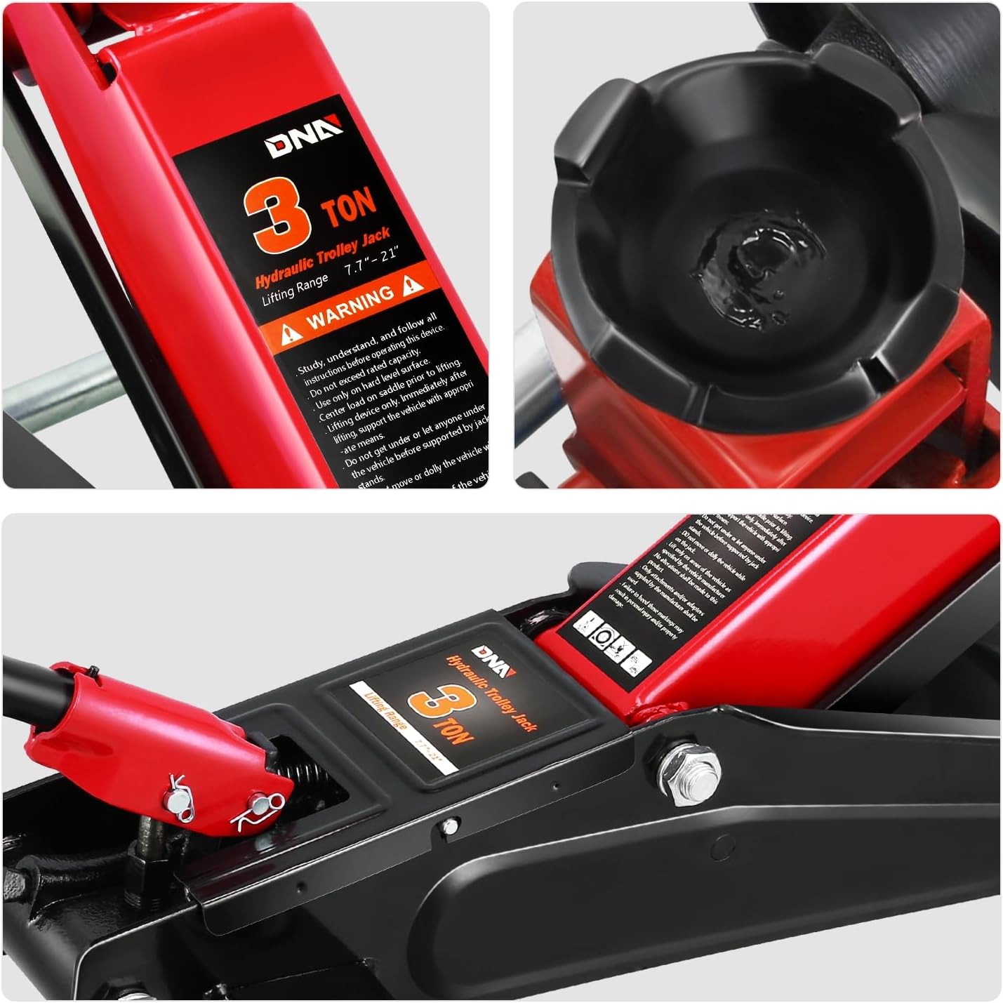 DNA Motoring 3 Ton Low Profile Floor Jack, 3 tons (6000 lbs) Capacity Fast Lift Hydraulic Trolley Service/Floor Jack, 7.7-21" Lifting Range, Red, TOOLS-00674-RD