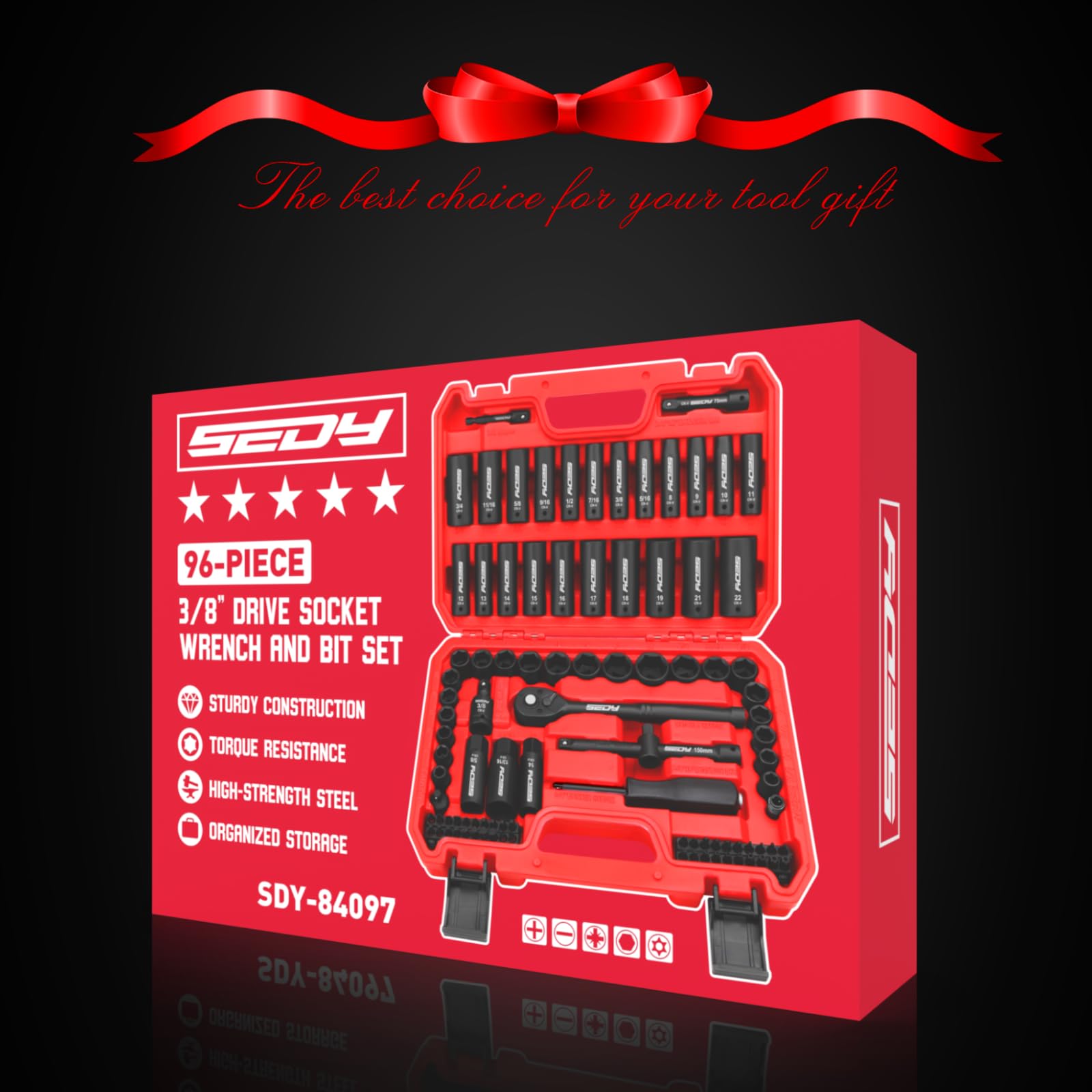 96-Piece 3/8" Drive Impact Socket Wrench and Bit Set, SAE 5/16”-3/4” & Metric 8-22mm, Cr-V Standard & Deep Sockets, Power Bits, Ratchet Handle, Universal Joint, Bit Holder, Adapters, Spark Plug Socket