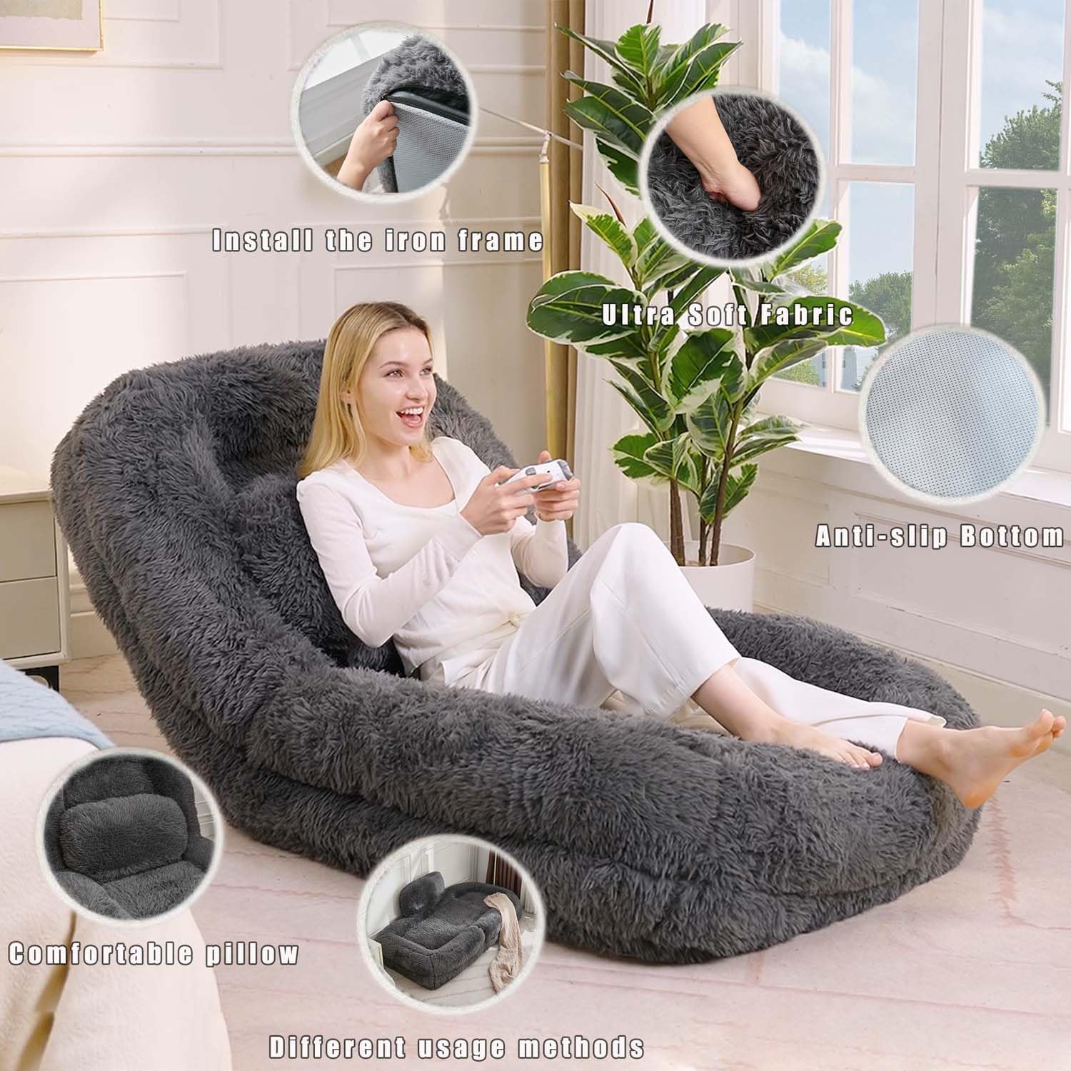 Human Dog Bed for Adults, 5-Position Adjustable & Foldable, Giant Plush Floor Gaming Chair, Oversized Convertible Lounge for Living Room, Bedroom, Dark Gray