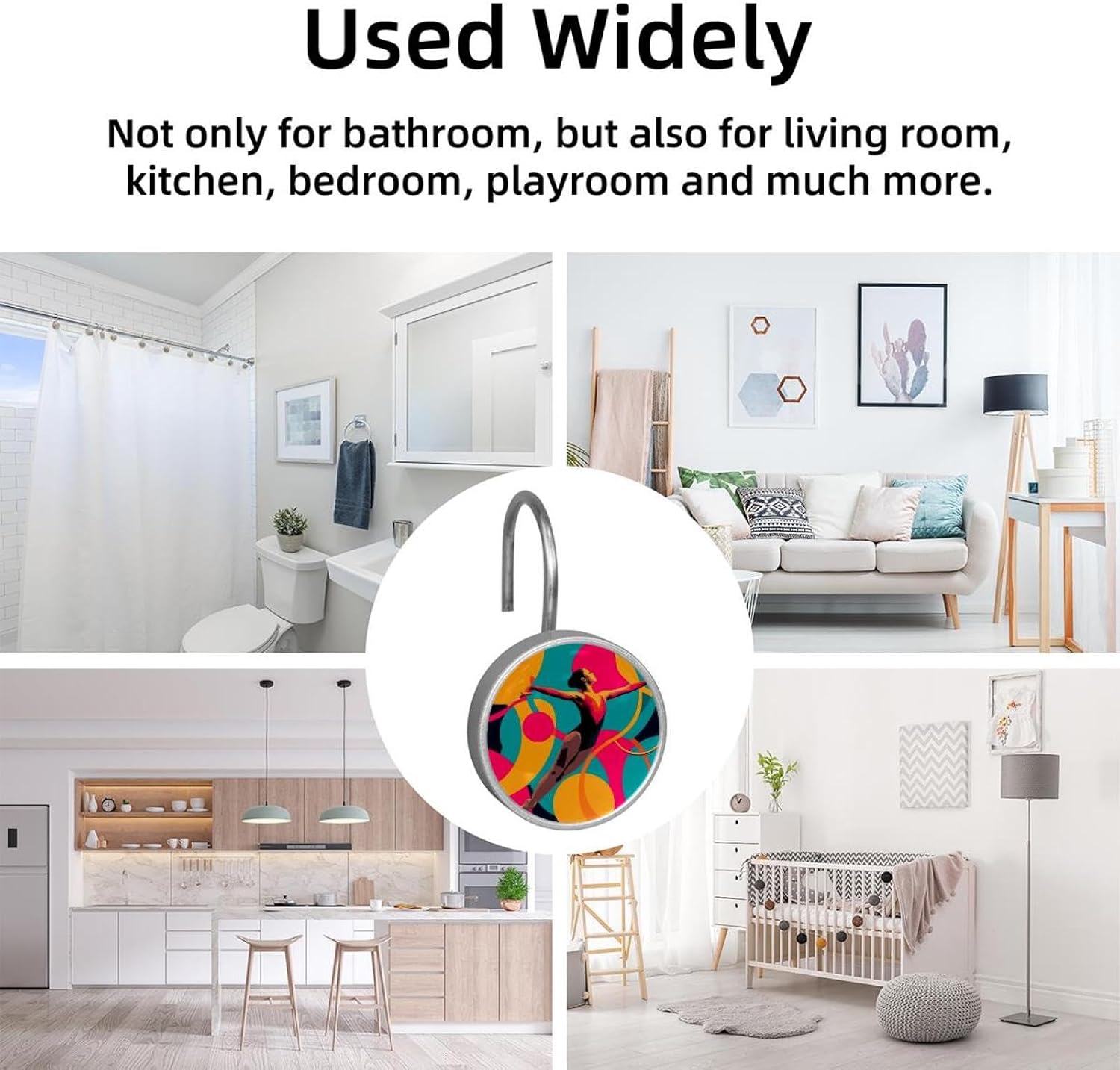 Shower Curtain Hooks, Home Decorative Rhythmic Gymnastics Colorful Background Shower Curtain Rings for Bathroom, Rustproof Stainless Steel Shower Curtain Hangers Bathroom Accessories, Set of 12