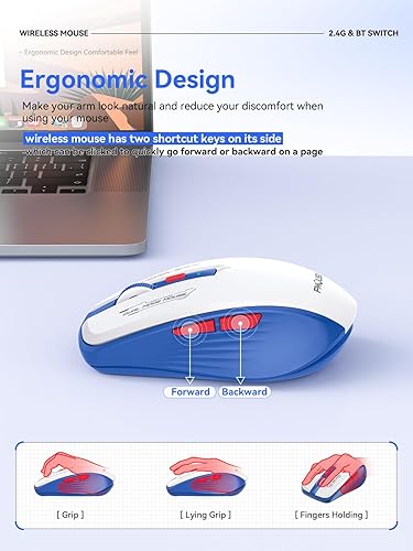 Miniatura 4 de Mouse inalámbrico (Bluetooth y USB de 2.4 GHz) con teclas laterales hacia adelanteatrás, clic silencioso, ratones ergonómicos portátiles con batería