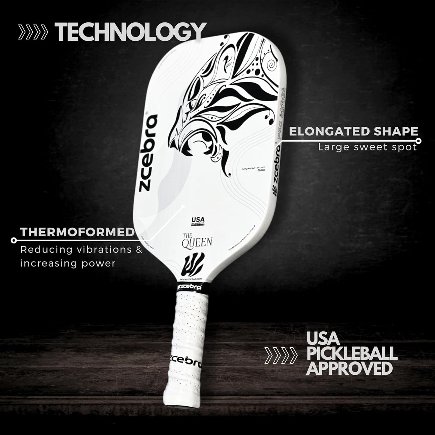 Pickleball Paddle The Queen Carbon Fiber Rough Surface 16mm Edgeless White Cover USA Pickleball Approved