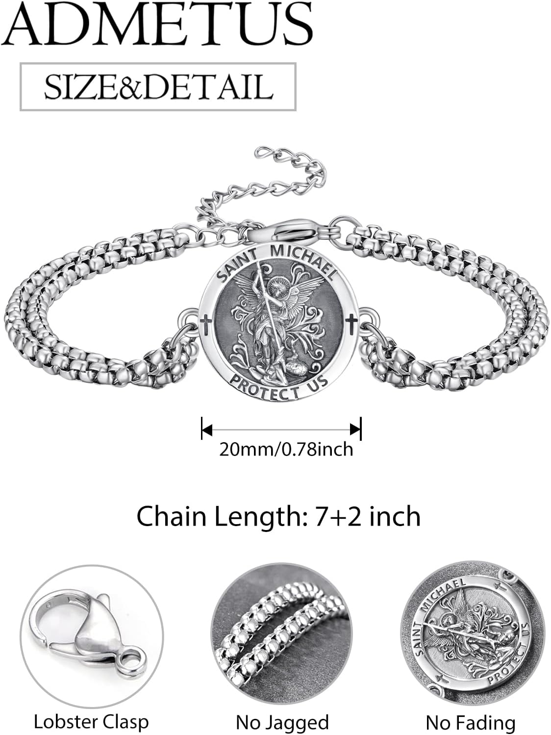 ADMETUS 925 Sterling Silver Patron Saint Bracelets | Amulet Protection Jewelry for Men with Double 7"+2" Rolo Chain - Image 2