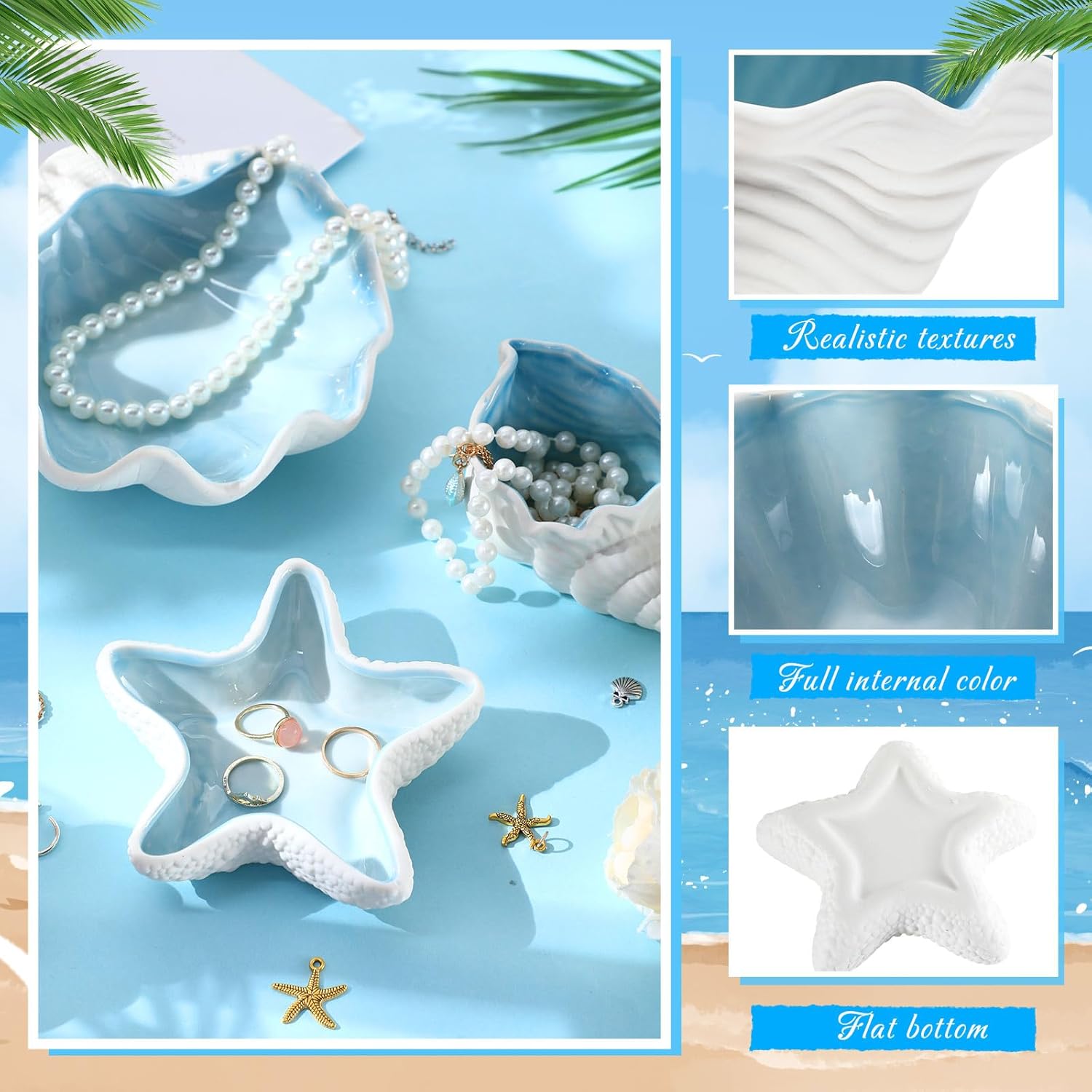 Teenyyou 3 Pcs Ceramic Conch Shell Jewelry Dish Tray Ear Ring Holder Jewelry Plate Key Bowl for Room Vanity Decor Accessory(Blue)