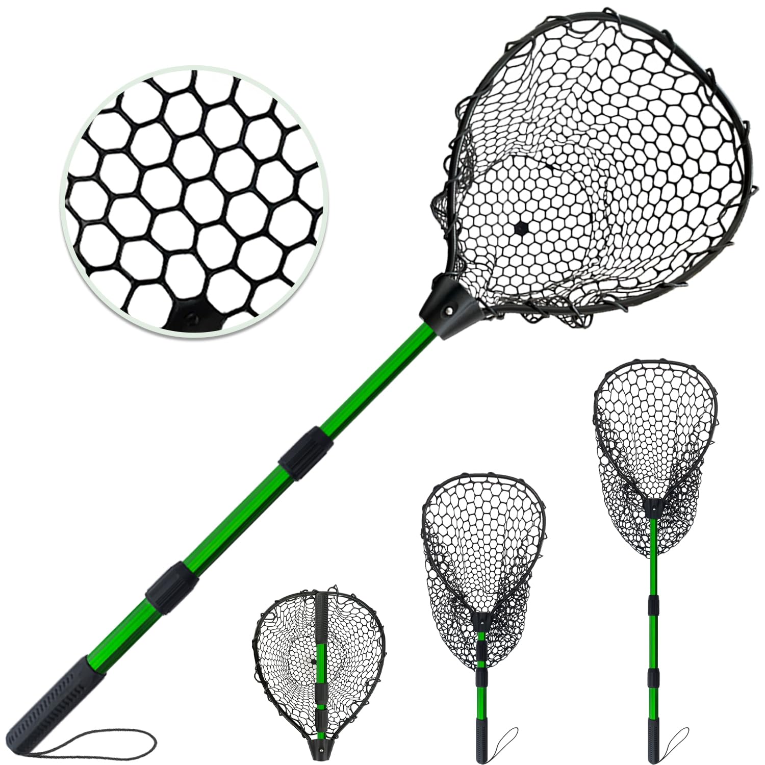 SEASPRO Telescoping Metal Lock Fishing Net with Handle Red Green 64" 52" Rubber Fish Net - Adjustable Length Lightweight Foldable Large Big