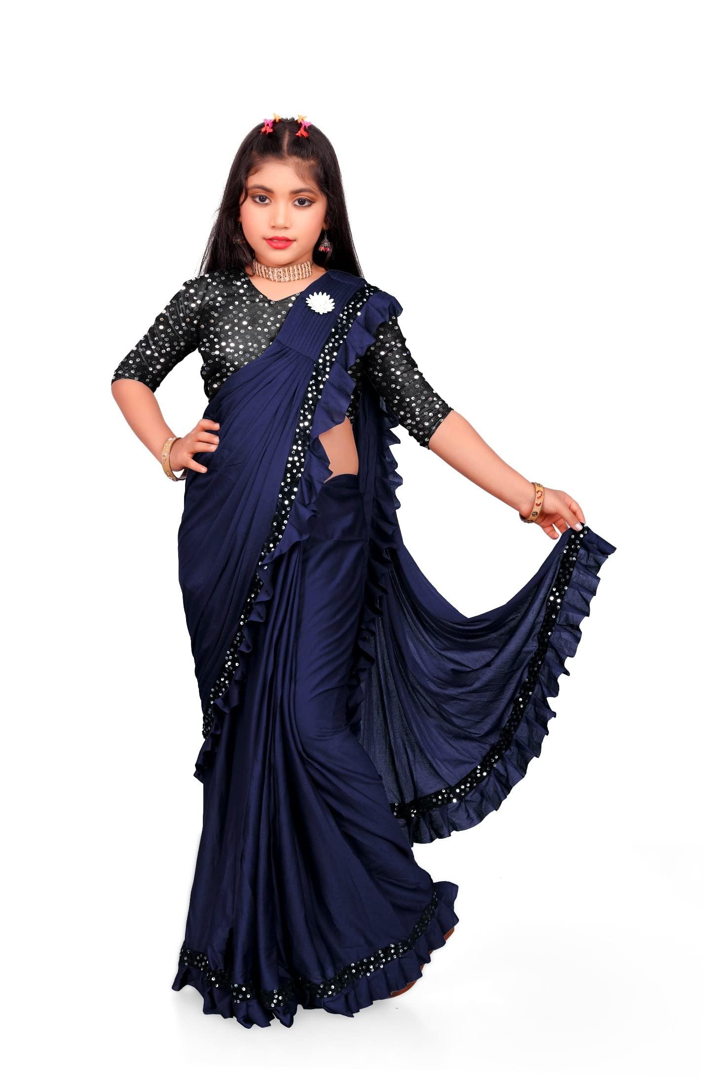 NILKANTHVARNI CREATION Kids Girls Lycra Blend Ready To Wear Saree With Sequence Blouse Piece (Navy Blue 9-10 yrs to 11-12 Yrs)-image-13