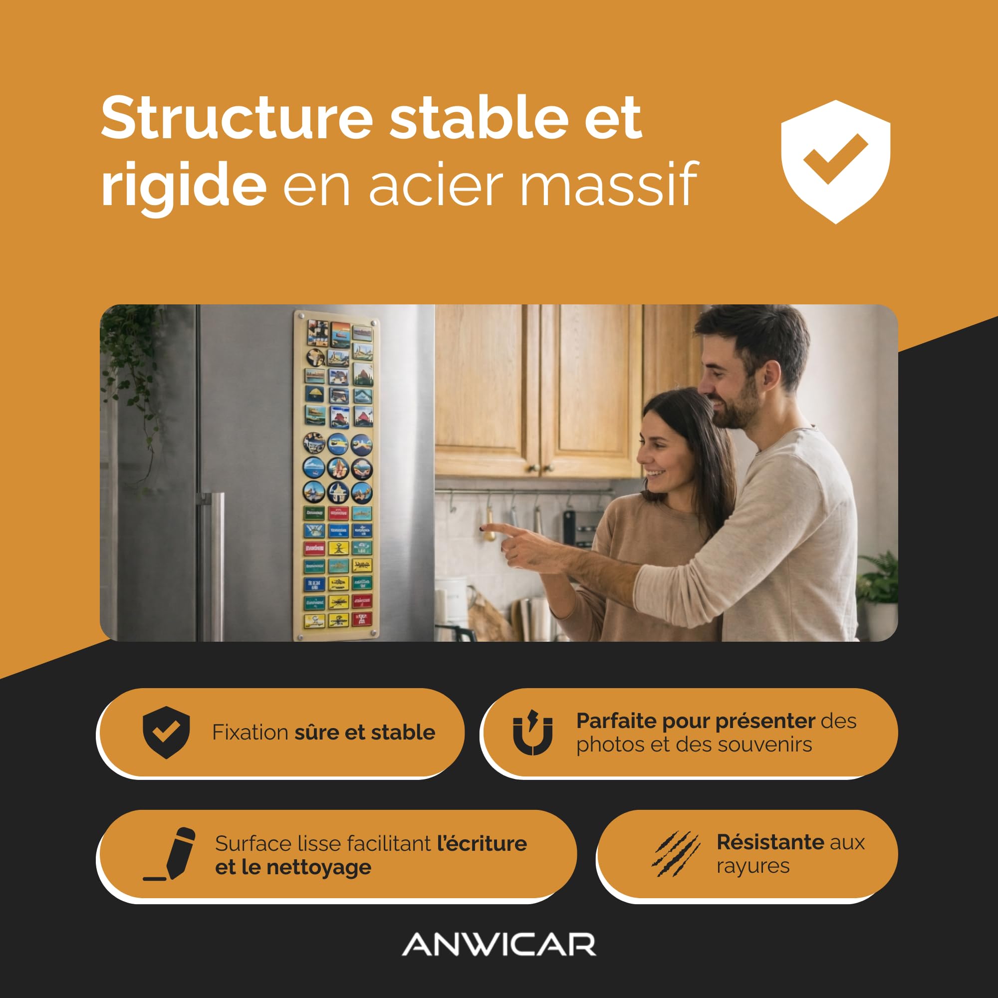 Tableau Magnétique - Tableau Effaçable en Acier - Idéal pour Aimants et Notes - Tableau Noir Magnétique Mural - Compatible avec Marqueurs Craie - Kit de Montage Inclus - 80x50 cm - Noir