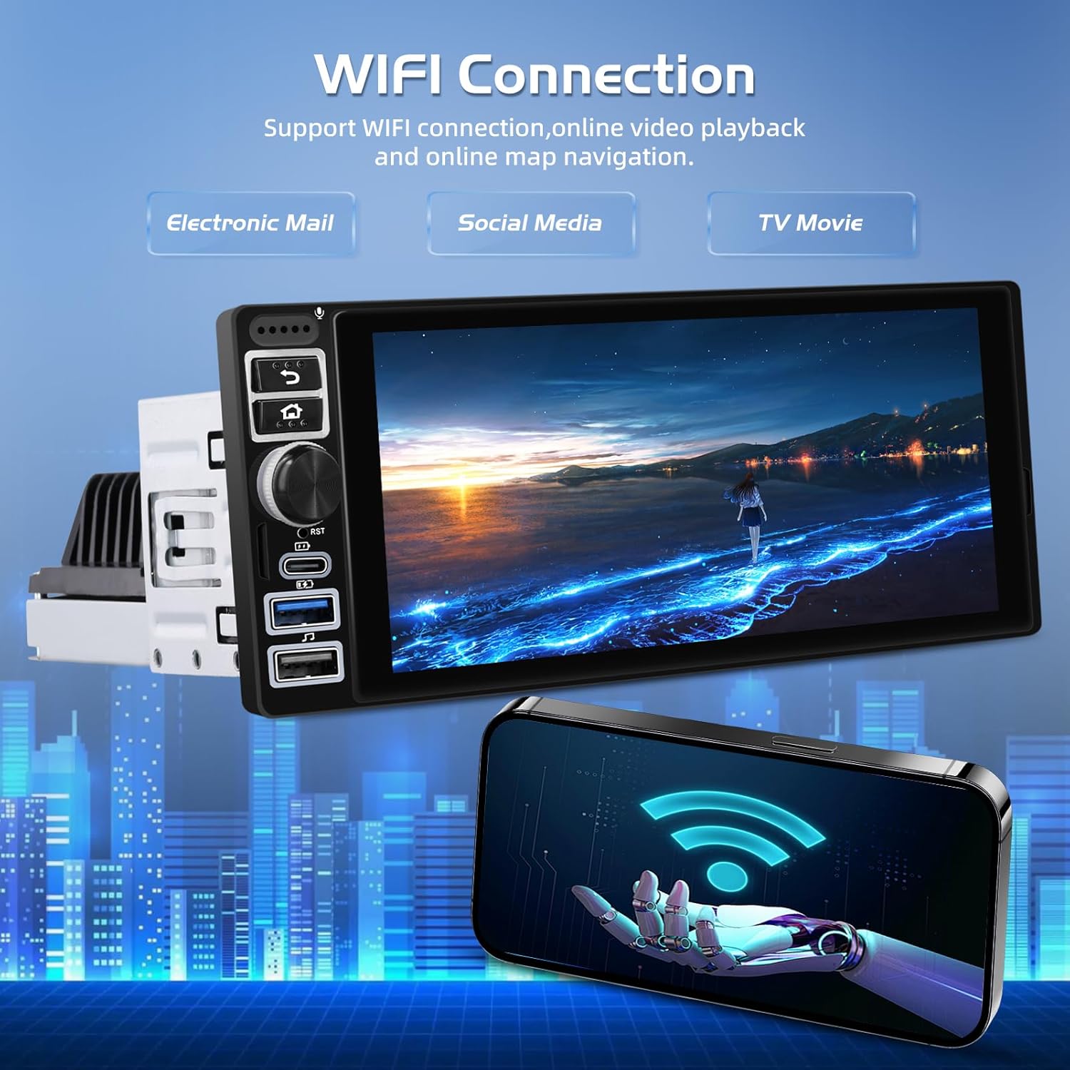 WiFi Connection screen on car stereo with a smartphone showing WiFi signal