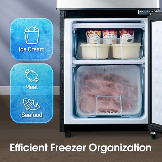 Anypro Fridge with Bottom Freezer and Drawer, 4.0 Cu.Ft Double Door Refrigerator with 7 Adjustable Temperature Settings for Bedroom, Dorm, Office, Apartment, Adjustable Shelves, Large Capacity, Silver