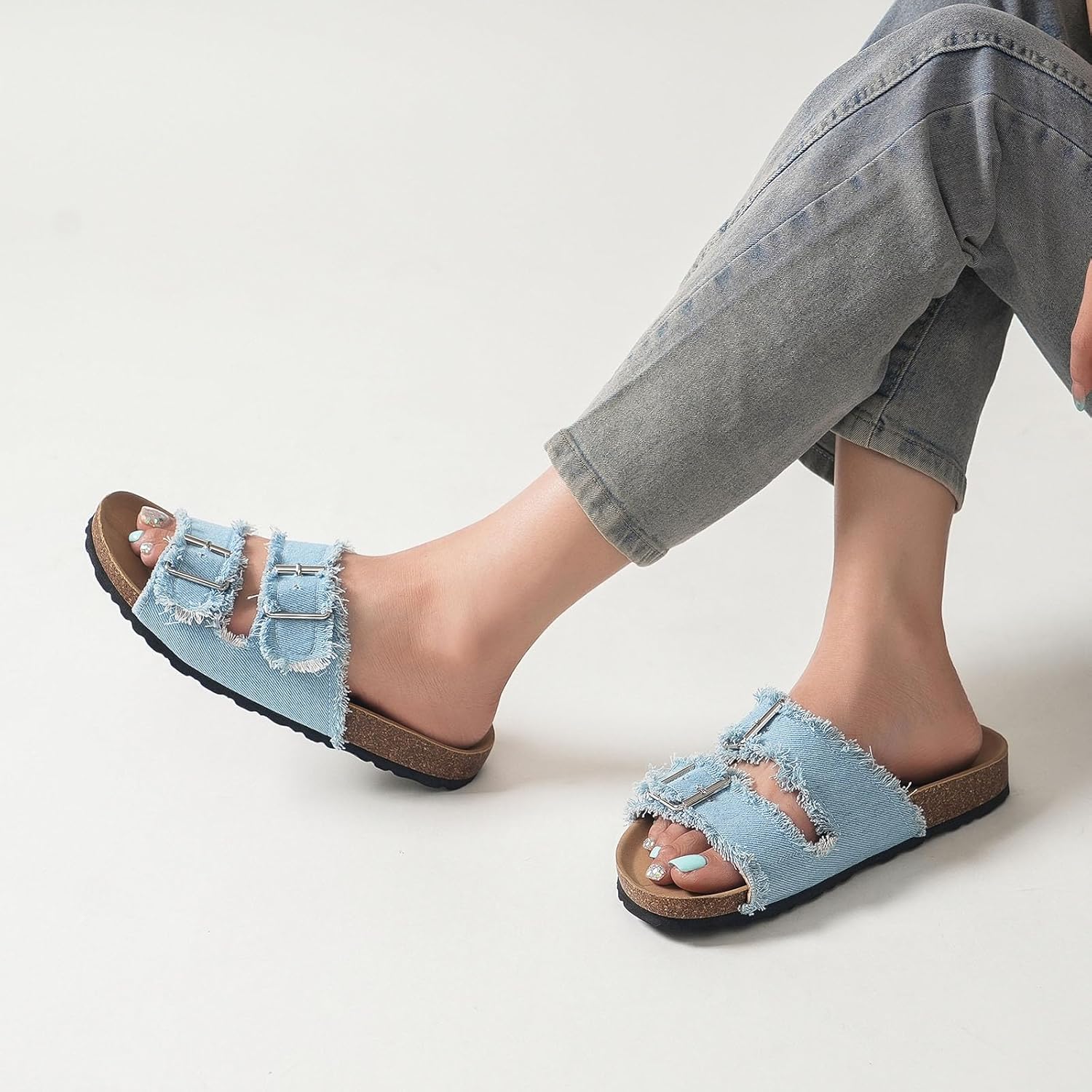 Women's Cork Sandals with Two Buckles Adjustable Straps, Arch Support Summer Fashion Denim Slippers, Comfortable Beach Flat Dressy Slip On - Image 6
