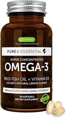 Pure & Essential Omega-3 y D3 1000iu, rTG de acción rápida, soporte para ojos, corazón y función cerebral, 1 al día, aceite de pescado silvestre