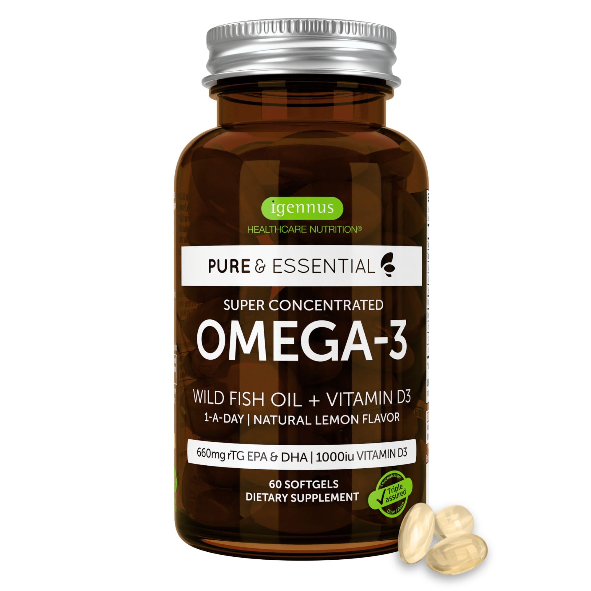 Pure & Essential Omega-3 & D3 1000iu, Fast-Acting rTG, Support Eyes, Heart & Brain Function, 1-a-Day, Highly Concentrated EPA & DHA Wild Fish Oil, Non-GMO, 60 Softgels