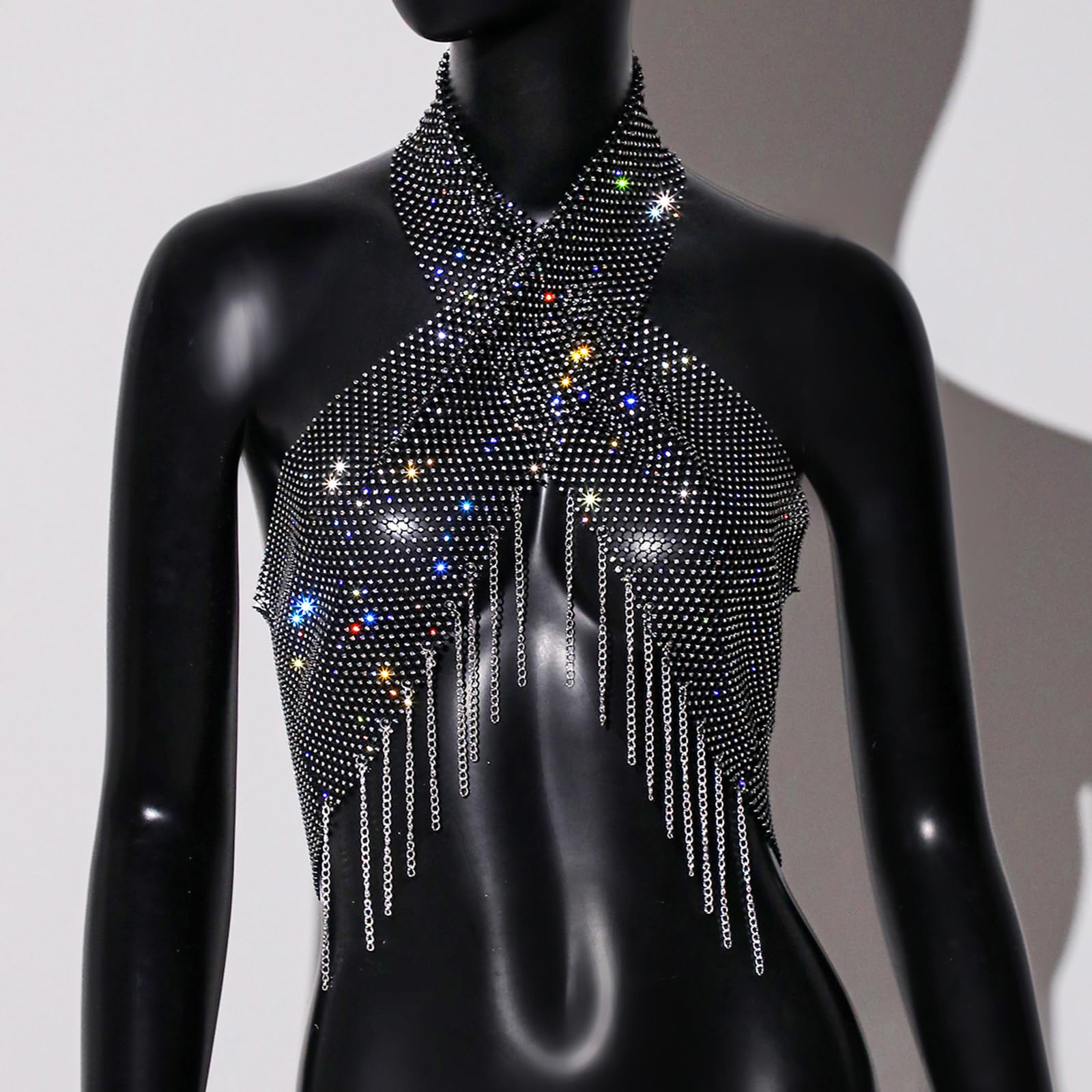 Sexy Sheer Crop Top pour Femmes Strass Halter Sans Manches Tassel Glitter Rave Party Clubwear