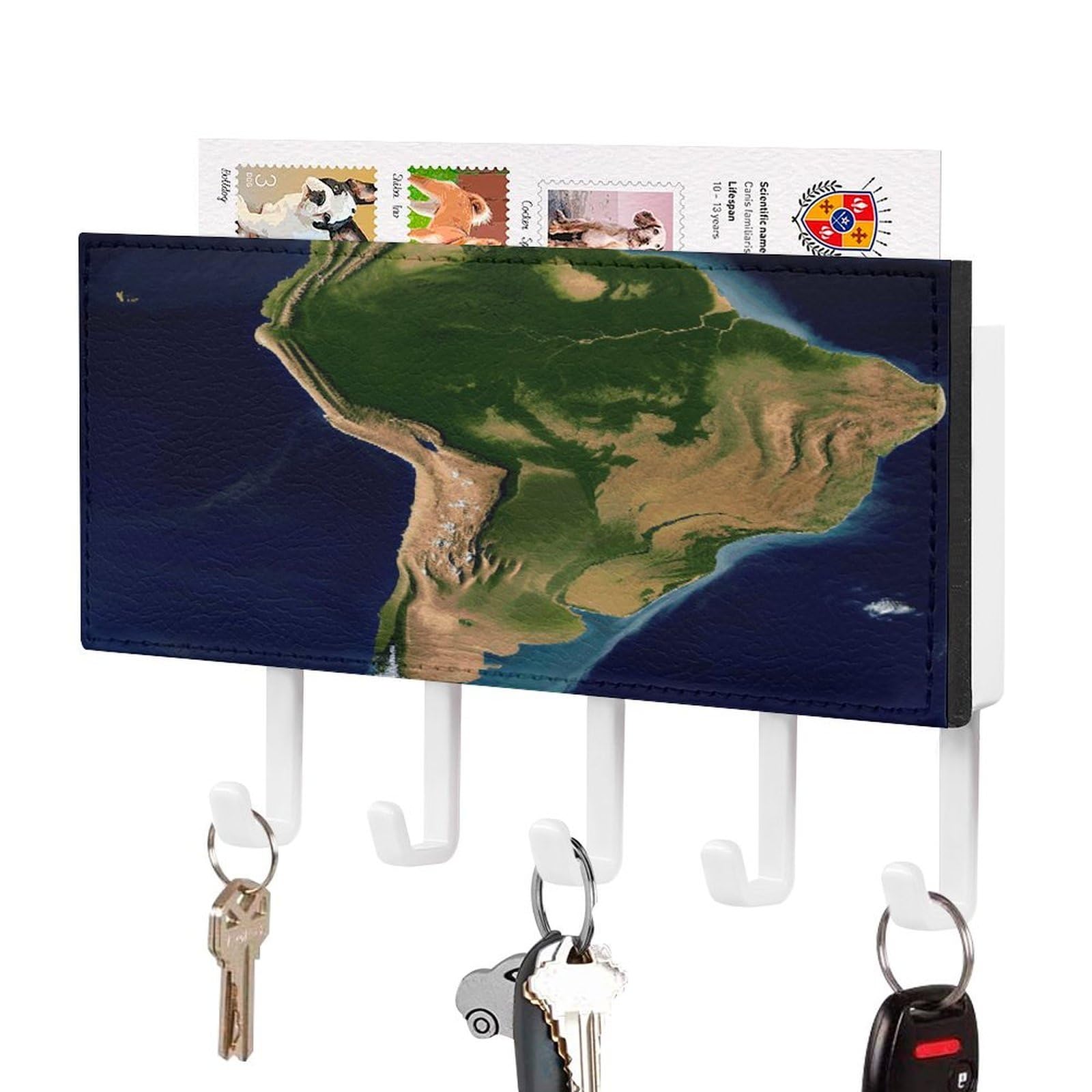 FekiLoot South America Satellite Image Key Holder for Wall Decorative Mail Organizer with 5 Key Hook Self Adhesive Key Rack with Tray Coat Rack Wall Mount Key Hanger Decor for Entryway Door