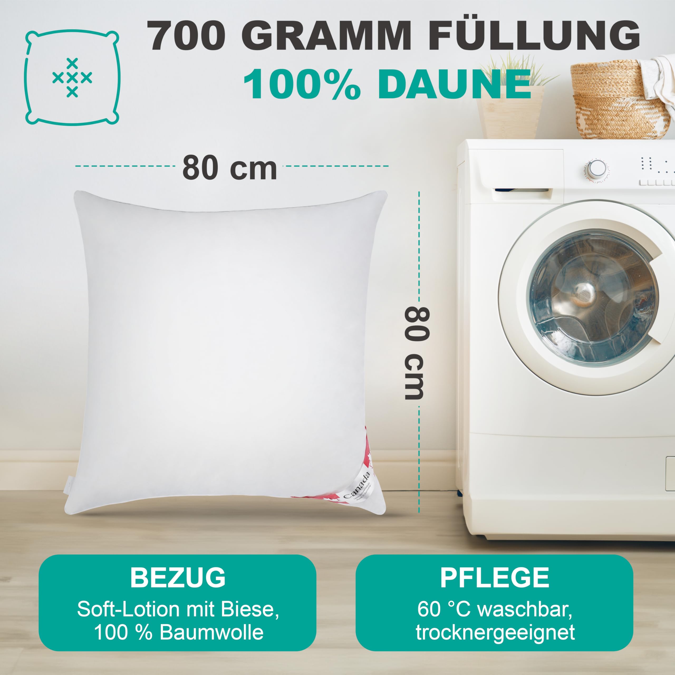Angebot 2 Canada Daunenkissen soft 700 g weiche canadische Daunen 80x80 cm, Flachkissen