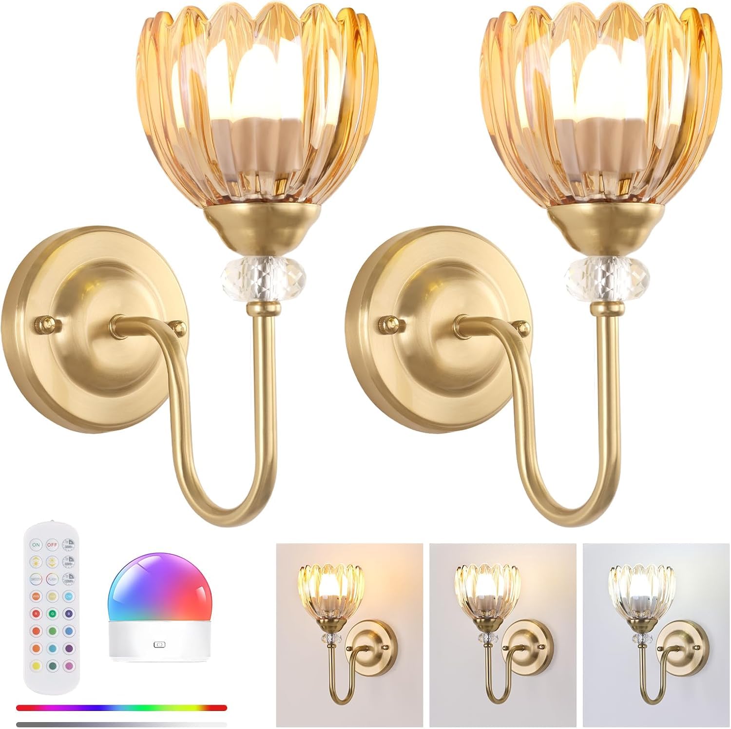 OOWOKS Indoor Wall Light Gold Batterypowered Vintage No Mains Connection 5400mAh 3 Colours + RGB Dimmable with Remote Control Rechargeable Wall Lighting with Floral Lampshade Bedside Lamp,A