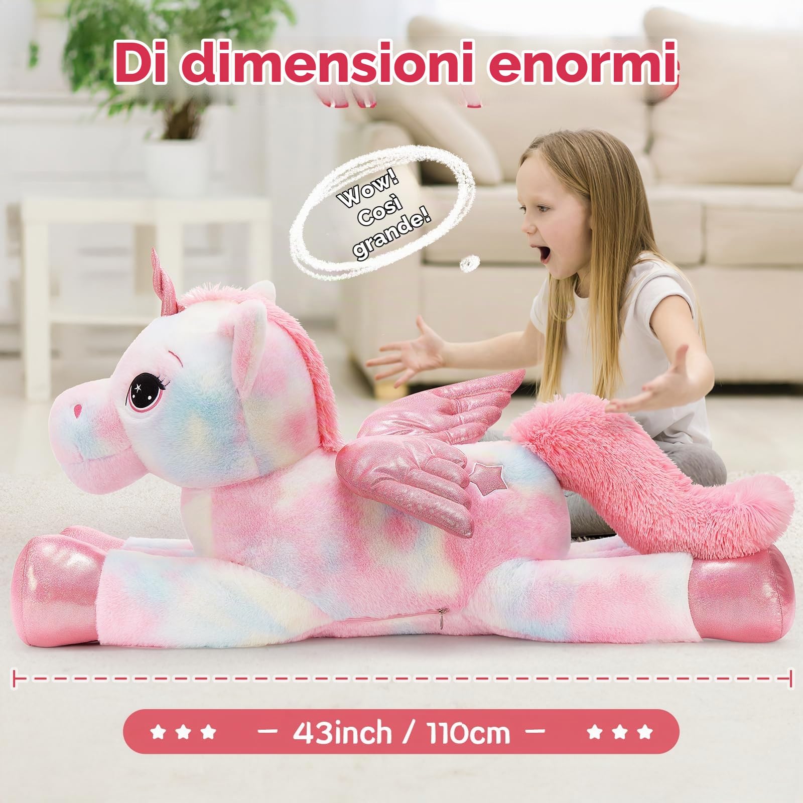 MorisMos XXL Unicorno Peluche Gigante, 110cm Tie-dye Rosa Unicorno Grande con Le Ali, Morbido di Peluche Regalo per Bambini Fidanzata Compleanno Natale