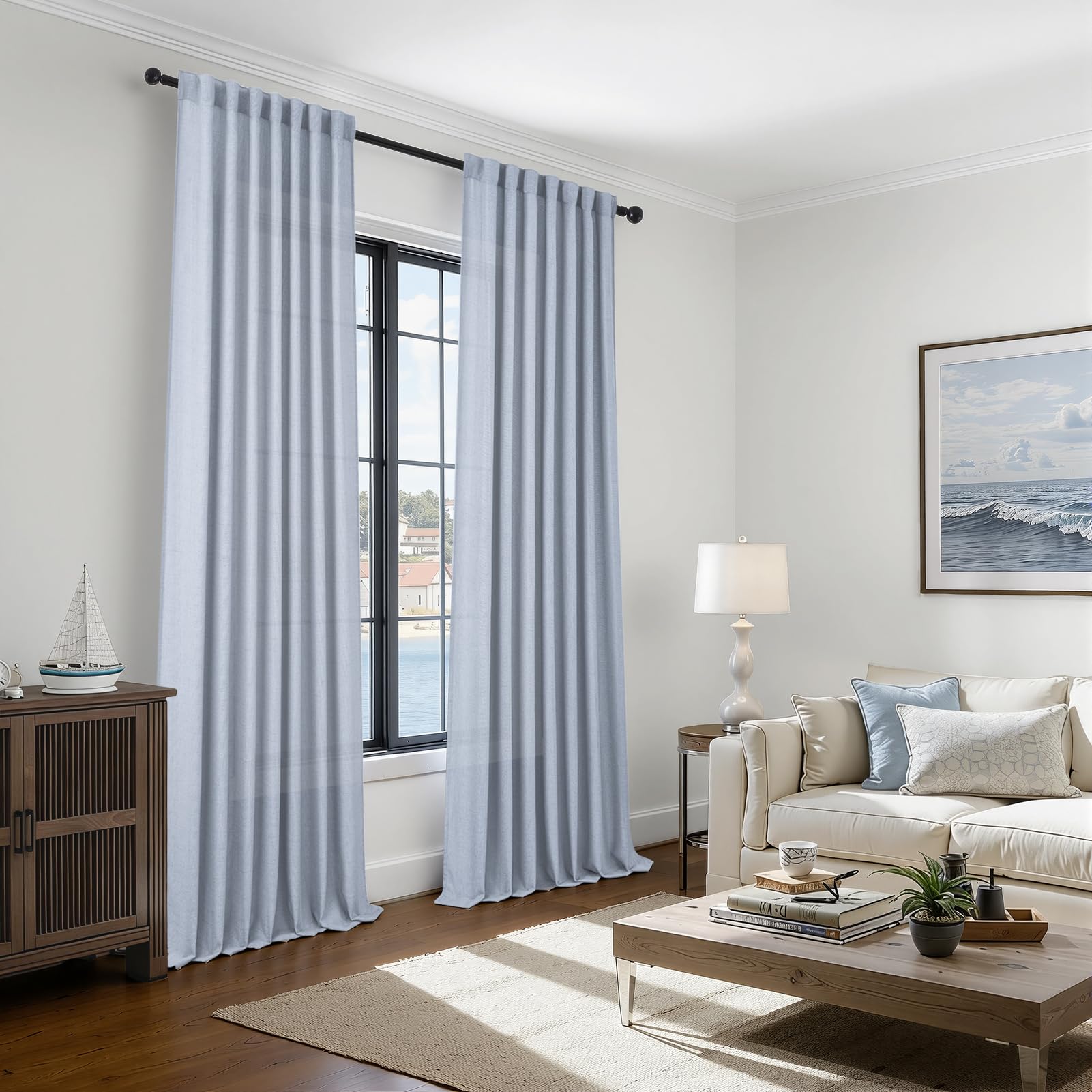 CUTEWIND Rideaux Voilage en Lin Translucide Bleu, Rideau Intérieurs en Lin Naturel Chambre Cuisine Salon Salle à Manger Porte Fenetre Boheme, 140x160 CM, Lot de 2