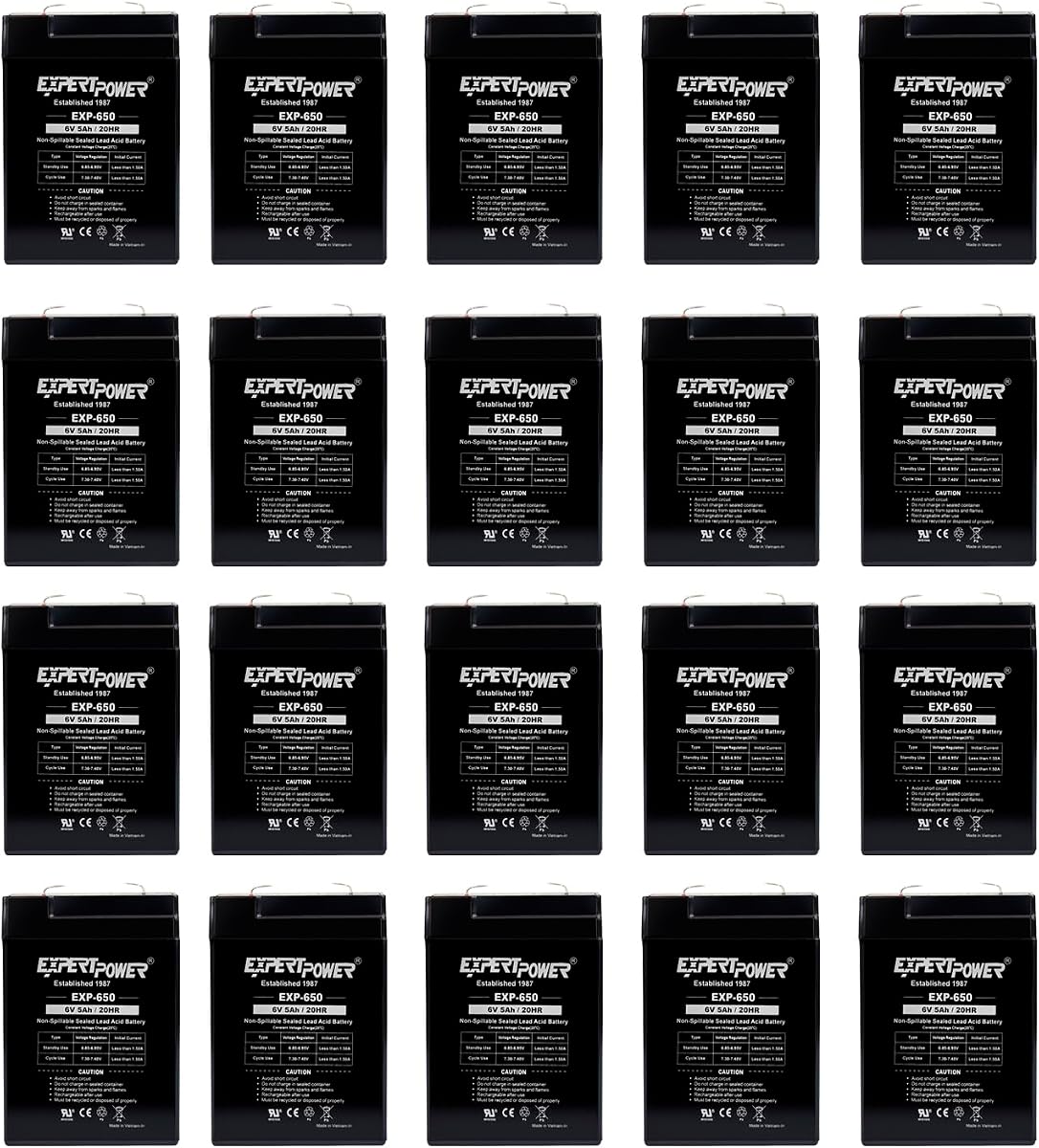 ExpertPower EXP650 (20 Pack) - 6V 5Ah / 20HR SLA Rechargeable 6V Battery for Ride on Toys, Emergency Light, Exit Sign Battery Replacement, Sealed Lead Acid 6 Volt Batteries with F1 Terminals