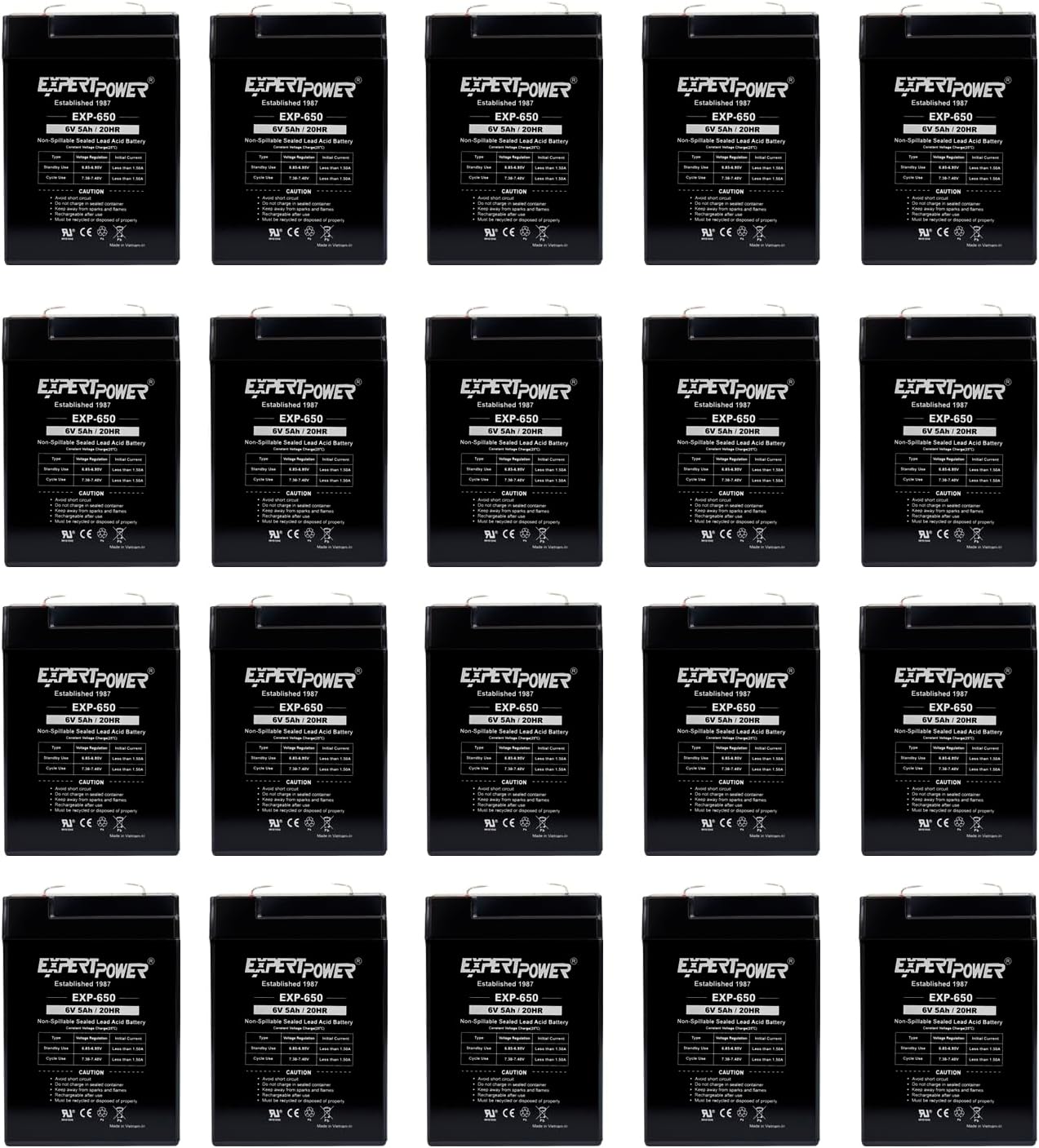 ExpertPower EXP650 (20 Pack) - 6V 5Ah / 20HR SLA Rechargeable 6V Battery for Ride on Toys, Emergency Light, Exit Sign Battery Replacement, Sealed Lead Acid 6 Volt Batteries with F1 Terminals