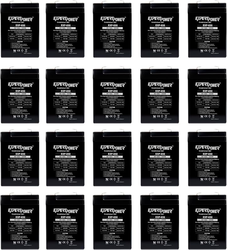 ExpertPower EXP650 (20 Pack) - 6V 5Ah / 20HR SLA Rechargeable 6V Battery for Ride on Toys, Emergency Light, Exit Sign Battery Replacement, Sealed Lead Acid 6 Volt Batteries with F1 Terminals
