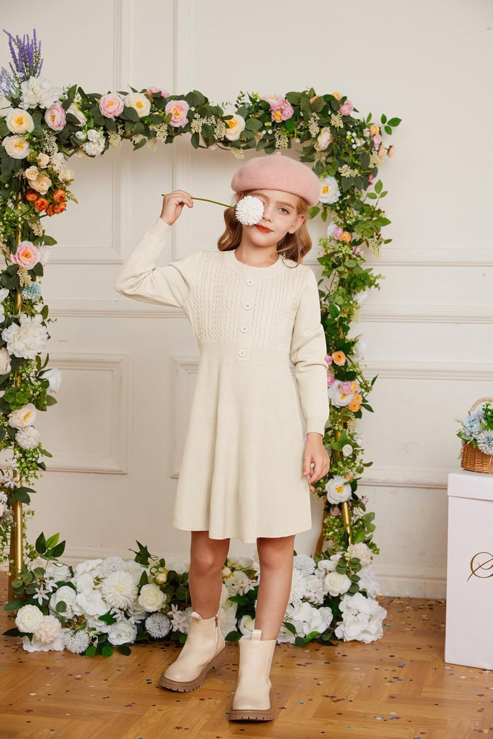 GRACE KARIN Girl Dress Long Sleeve Sweater Ruffle Button Front Knit Casual Fall Winter Dresses for Girls 5-12 - Image 7