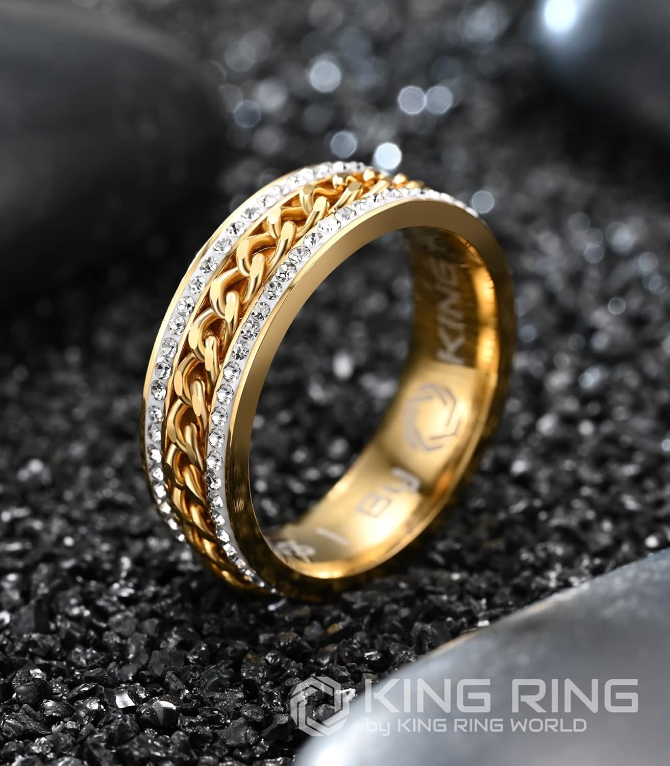 Miniatura 2 de King Ring 7mm Sparkling Fidget Ring Super Shining Spinner Stainless Steel Ring with Glass Stones, Fidget Ring Women, Men Rings, Womens Rings, Ver2