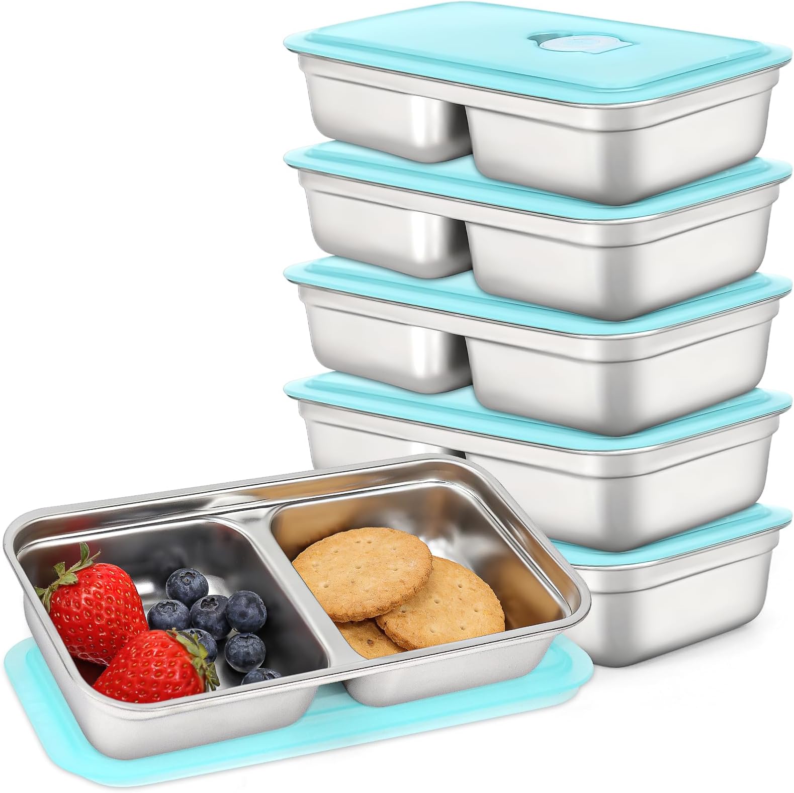 LYCN 6 Pack Stainless Steel Snack Containers, 425ml 2 Compartment Reusable Grab and Go Containers for Kids, Metal Snack Container with Leakproof Lids for Travel Outdoor School, Dishwasher Safe
