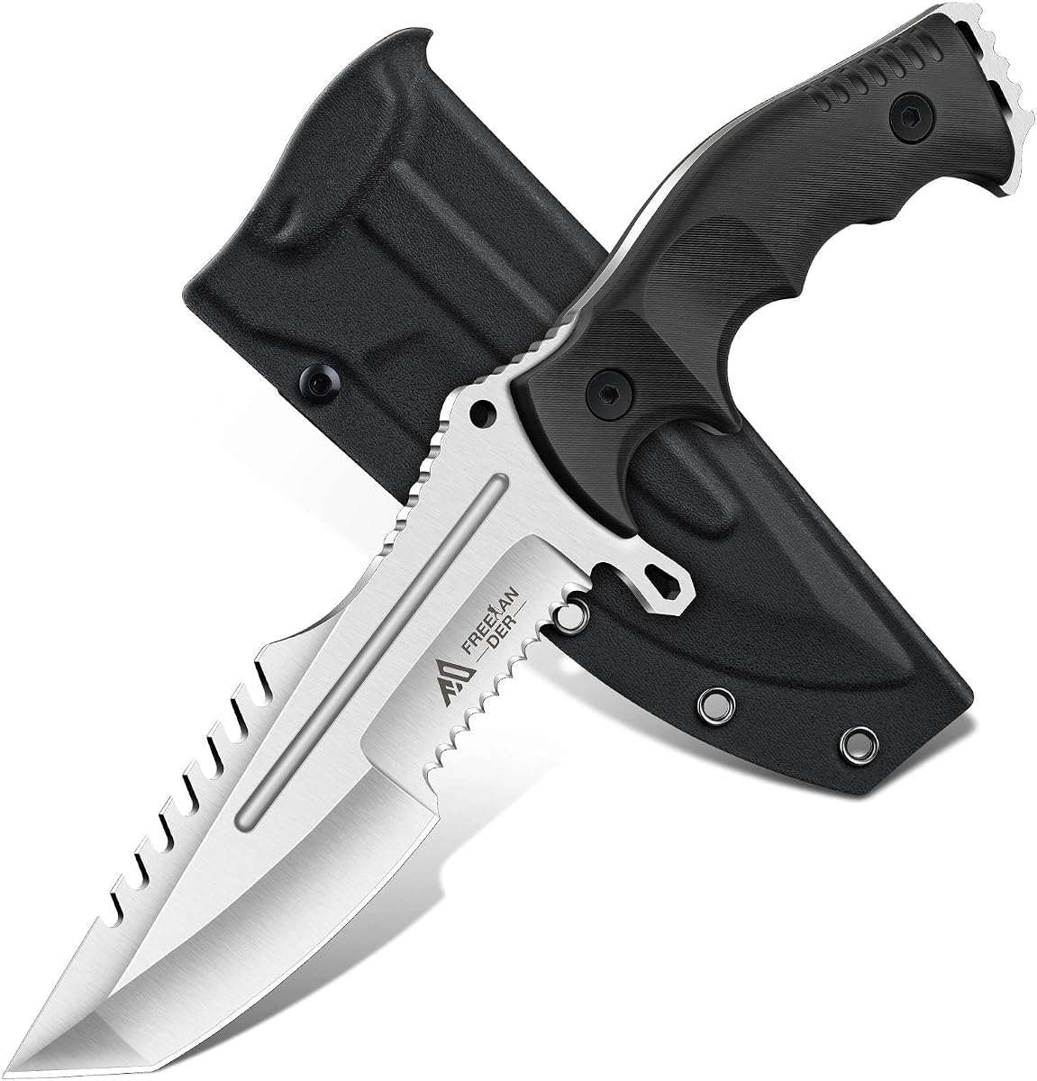 Cuchillo de hoja fija Freelander de acero D2, cuchillo de caza de espiga completa con funda | Cuchillo de supervivencia al aire libre, cuchillo Bushcraft con mango ergonómico, cuchillo de camping para hombres