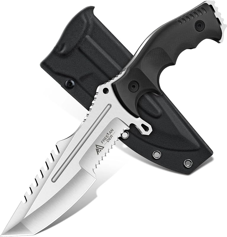 Cuchillo de hoja fija Freelander de acero D2, cuchillo de caza de espiga completa con funda | Cuchillo de supervivencia al aire libre, cuchillo Bushcraft con mango ergonómico, cuchillo de camping para hombres