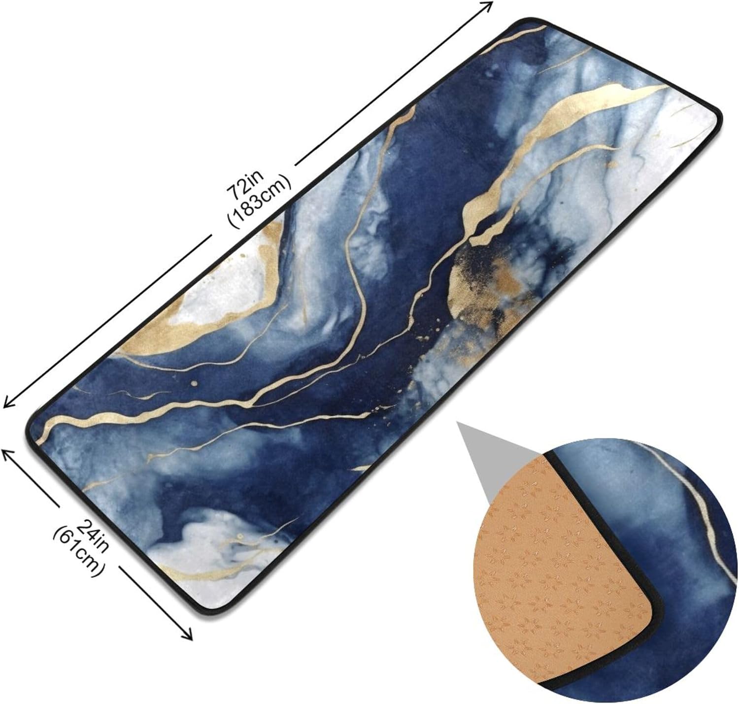 Runner Rug Non Skid Area Rugs, Marble Blue Gold Indoor Outdoor Kitchen Mats Carpet for Living Room Bedroom Home Decor 61 x 183cm