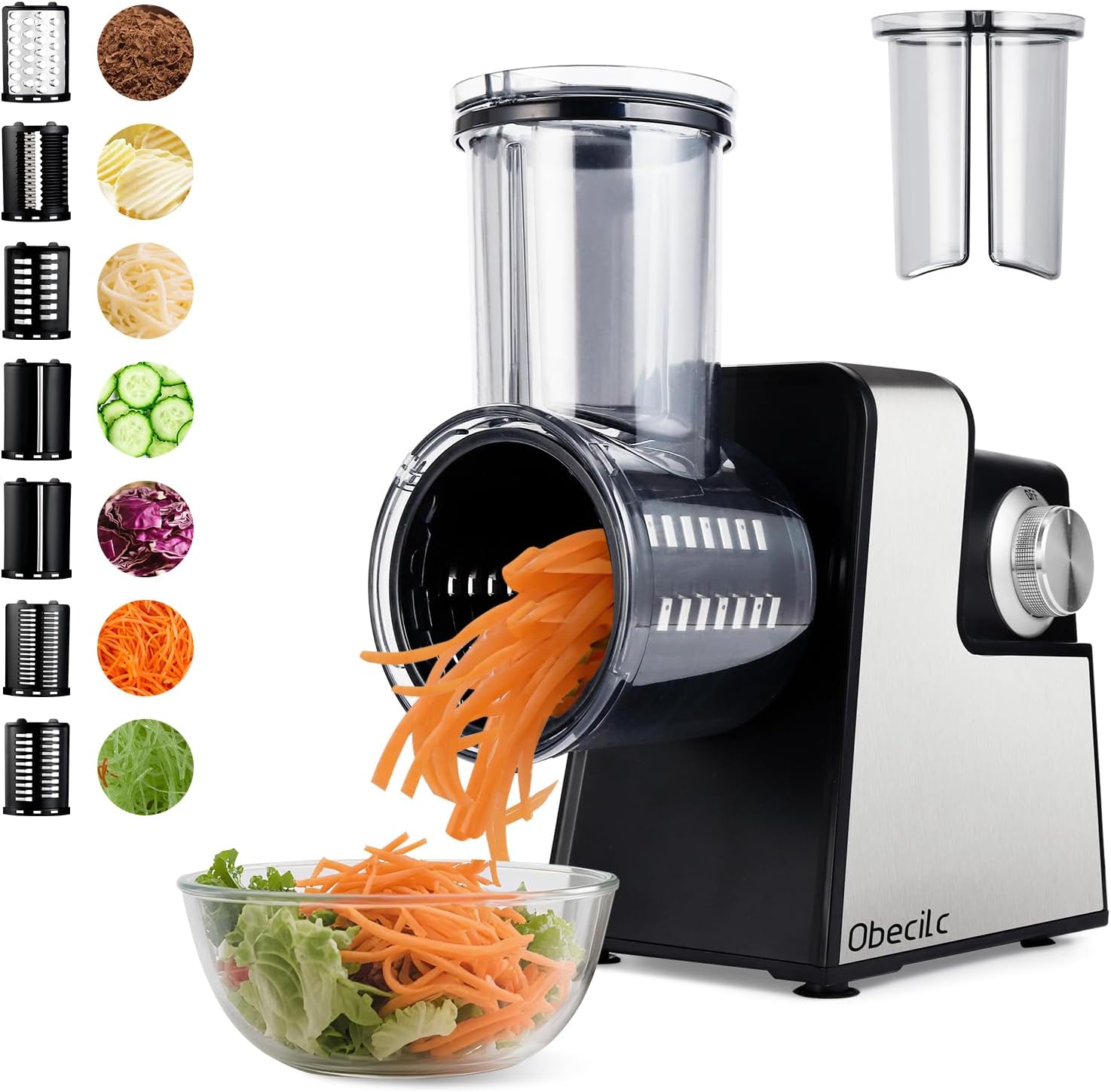 Upgraded 300W Electric Cheese Grater with 7 Stainless Steel Blades, Cheese Shredder Electric for Slicing, Shredding & Grinding Vegetables, Fruits and Nuts,Easy One-Touch Control