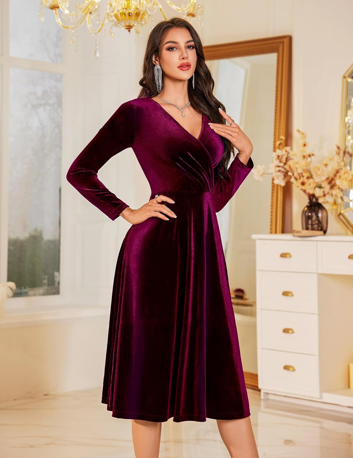 BeryLove Velvet Cocktail Party Formal Dress Long Sleeve Winter Wedding Guest Dresses - Image 2