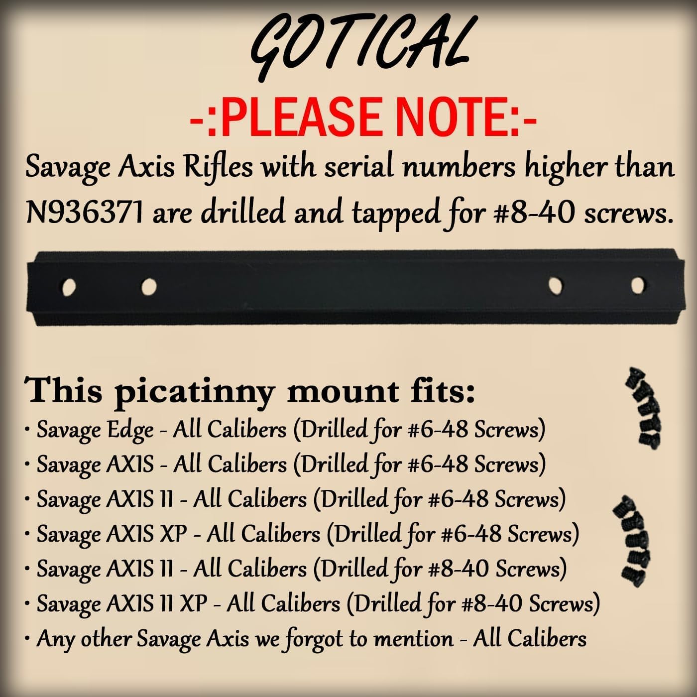 Gotical Compatibility Picatinny Rail Mount Built specifically for Savage Axis/Axis II/Edge Rifle #6 and #8 Screws for Compatibility