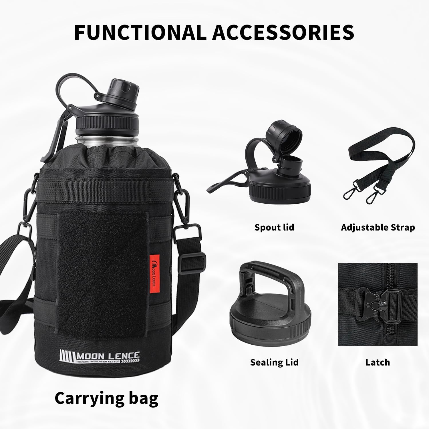 MOON LENCE Insulated Water Bottle, 64 oz Battle Water Jug with Molle Sleeve, Stainless Steel Water Bottles with Changeable Lids, Tactical Water Bottle for Camping, Hiking, Gym Black - Image 7