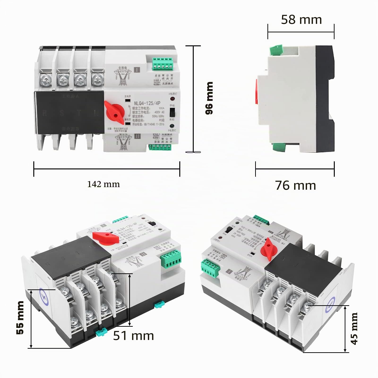 Dual Power Automatischer Transferschalter AC 400V 63A 4P 3 Phasen 4 Draht PC Hutschiene Netzumschalter Notstrom Umschalter für Kommunaler Strom, Generator