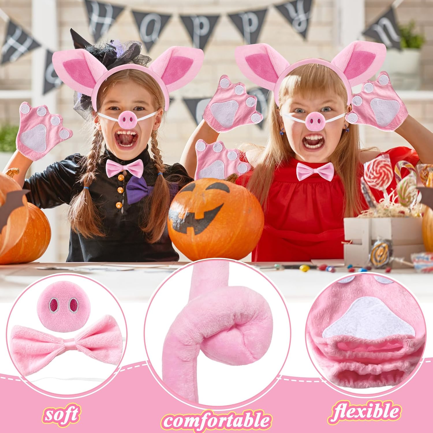 5 Pcs Pink Pig Costume Set,Fuzzy Pig Ears Nose Tail Gloves Bowtie Kit,Animal Costumes for Kids,Halloween Cosplay,Dress Up Party - Image 6