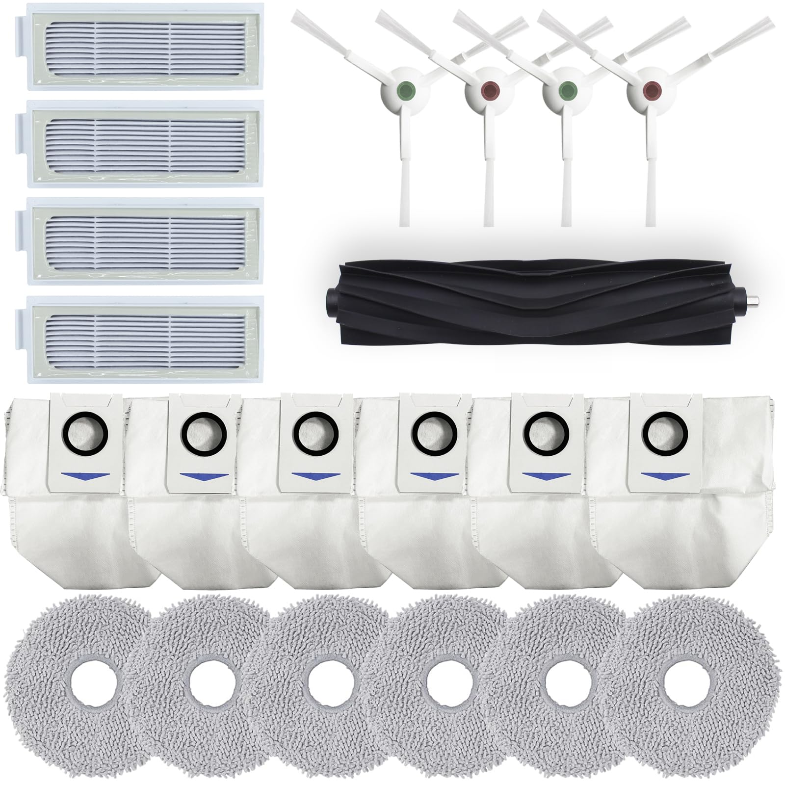 Geoviizon21 Piece Replacement Accessory Set Compatible with Ecovacs Deebot T20 Omni / T20e Omni, 1 Main Brush, 4 Filters, 4 Side Brushes, 6 Mop Cloths, 6 Dust Bags