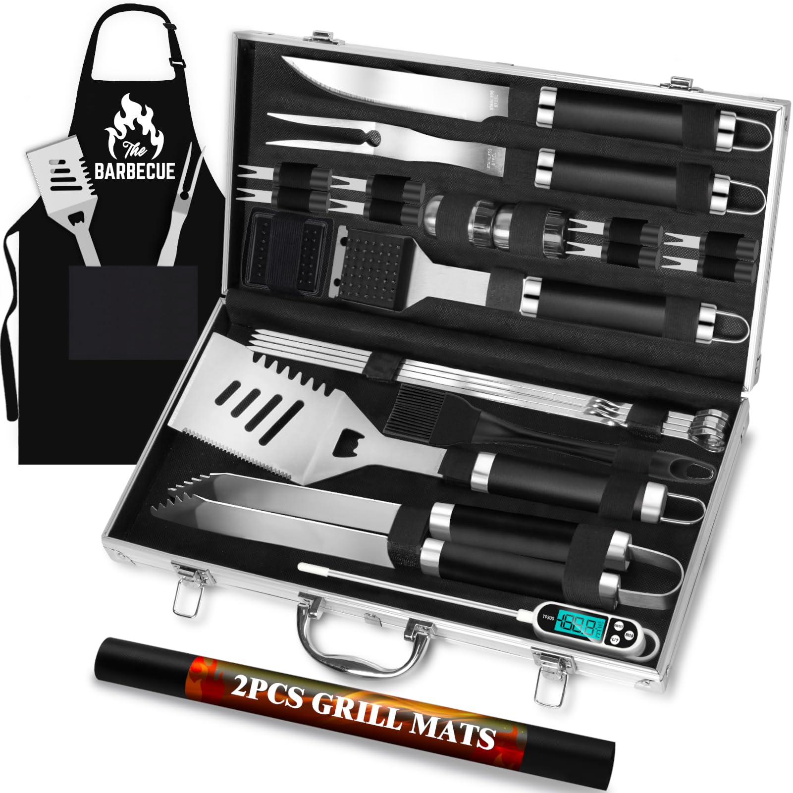 ROMANTICIST 26pcs Stainless Steel Grill Tool Set, Heavy Duty BBQ Grilling Accessories Gifts for Men Dad, Non-Slip Grill Utensils Kit with Apron, Thermometer, Mats in Aluminum Case for Christmas Black