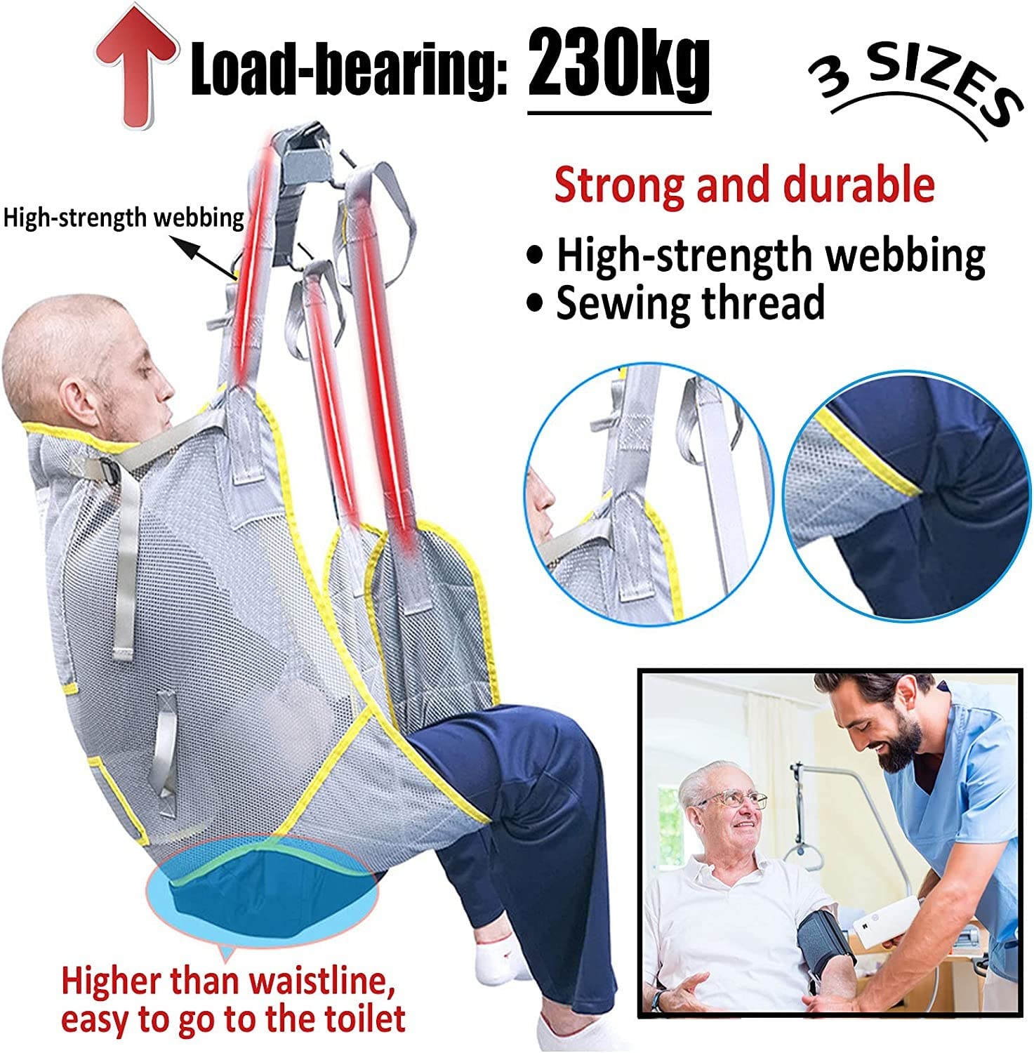 KAOSMX Arnés Elevación Paciente Cuerpo Completo, Grúa De Paciente, Eslinga De Elevación con para Paciente Y Minusválido, para Posicionamiento Y Elevación De La Cama,Enfermería Large